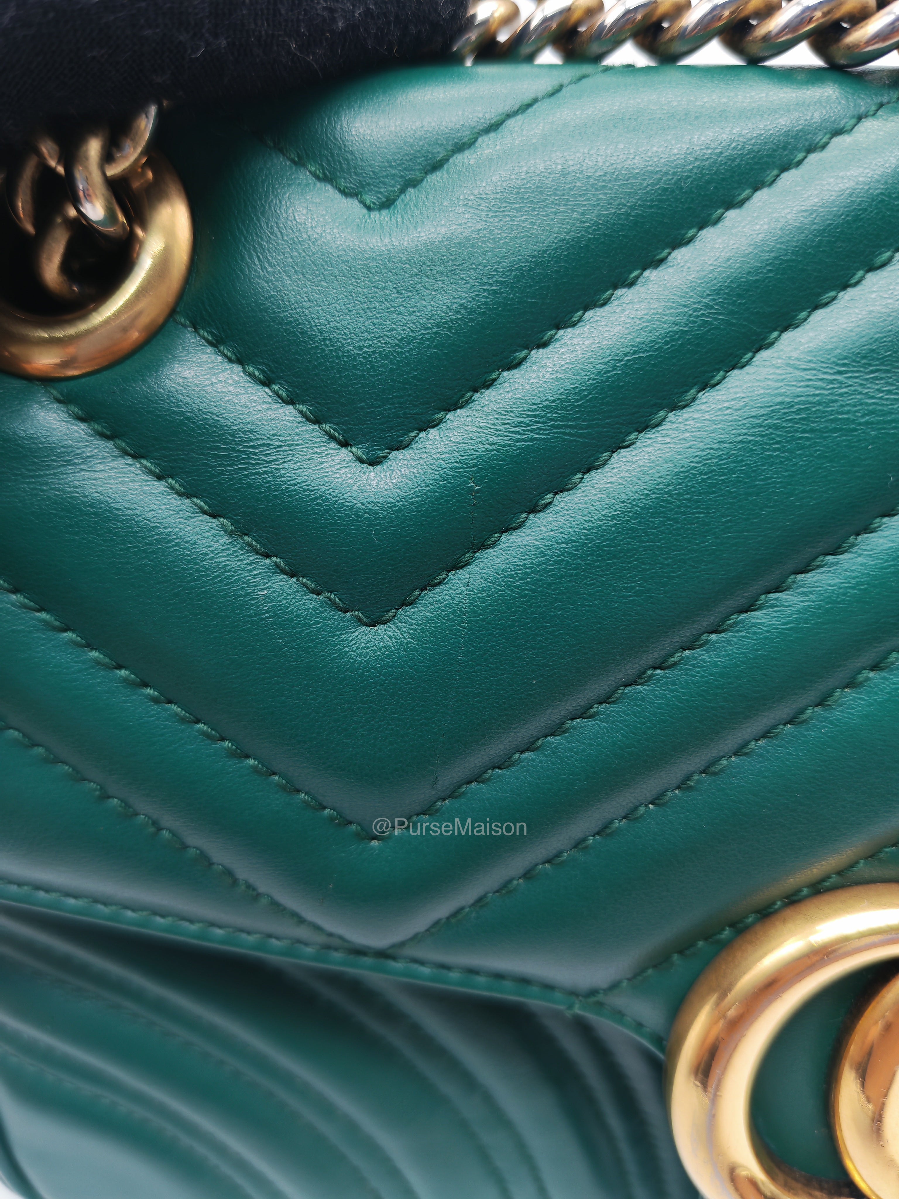Gucci GG Marmont Shoulder Bag Small in Green Chevron Matelasse Calfskin Leather and Gold Hardware