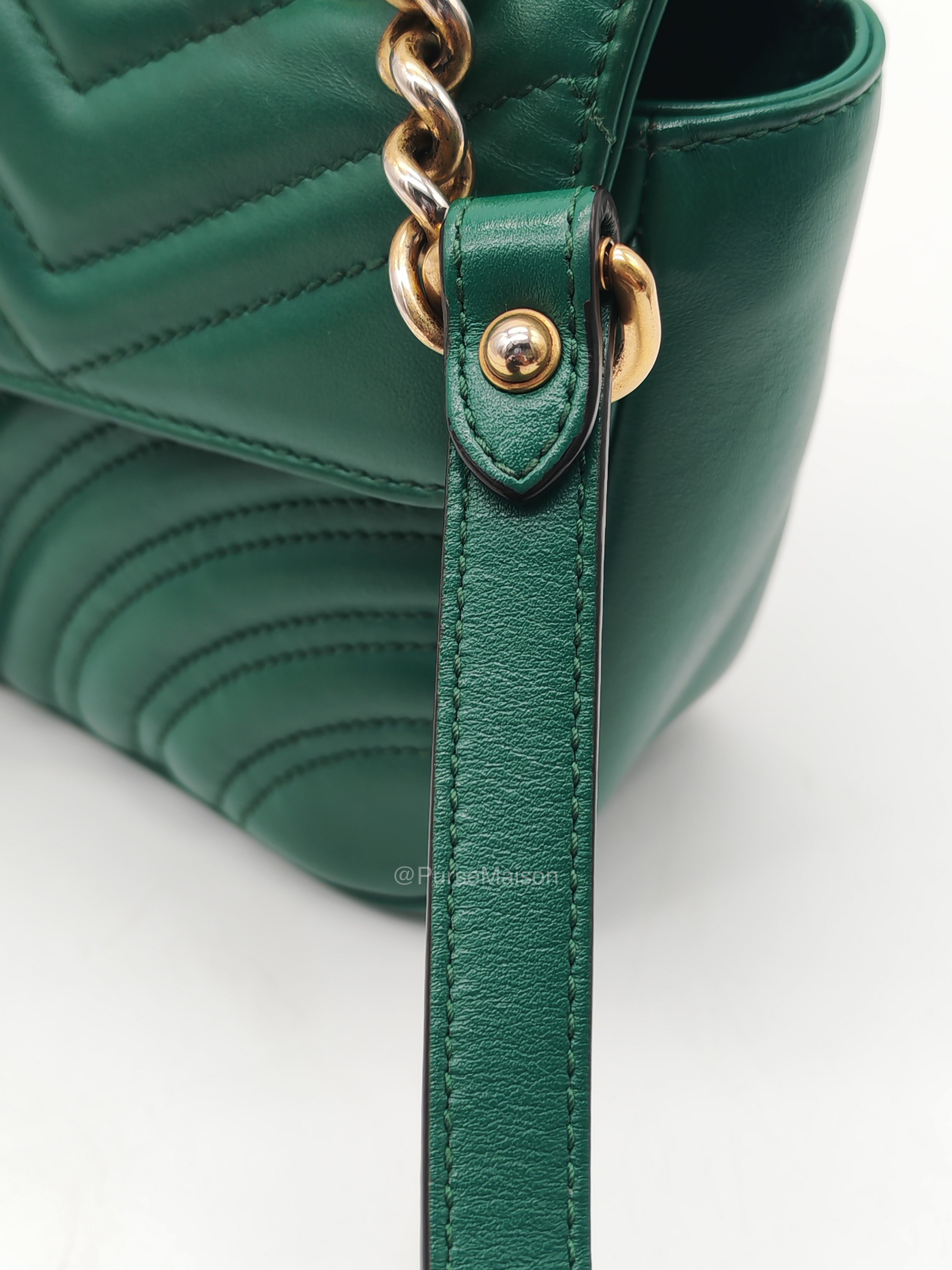 Gucci GG Marmont Shoulder Bag Small in Green Chevron Matelasse Calfskin Leather and Gold Hardware