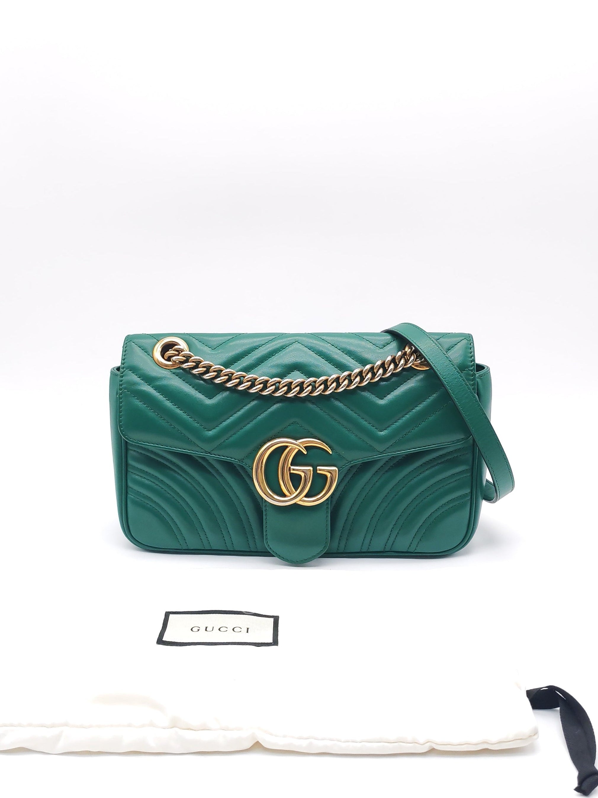 Gucci GG Marmont Shoulder Bag Small in Green Chevron Matelasse Calfskin Leather and Gold Hardware