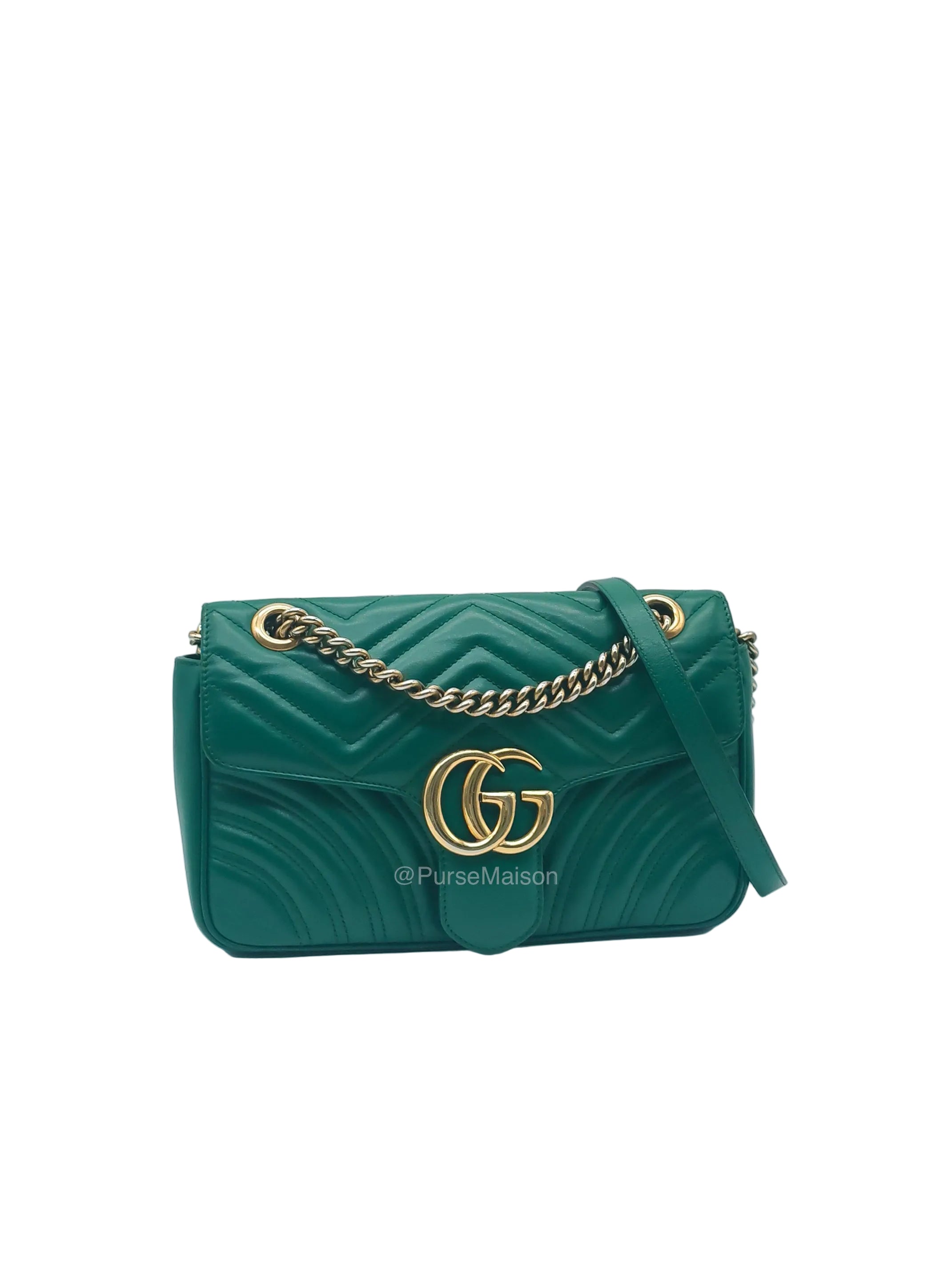 Gucci GG Marmont Shoulder Bag Small in Green Chevron Matelasse Calfskin Leather and Gold Hardware