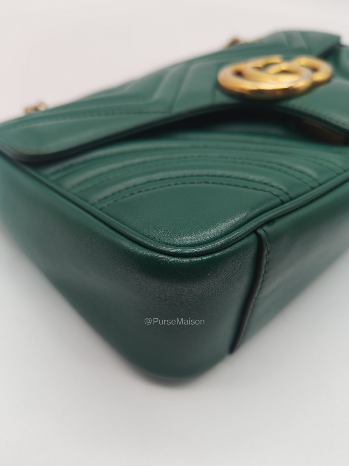 Gucci GG Marmont Shoulder Bag Small in Green Chevron Matelasse Calfskin Leather and Gold Hardware