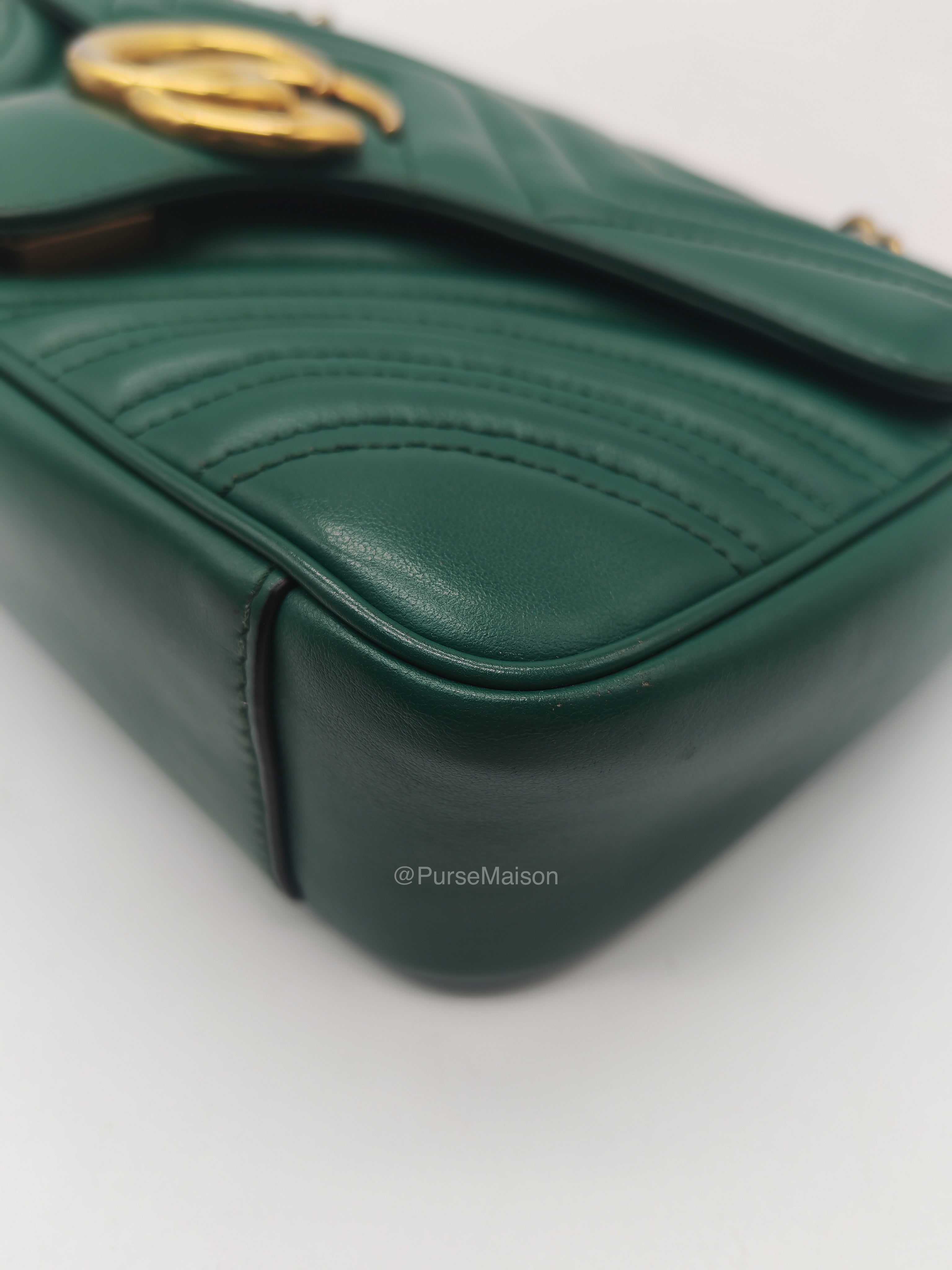 Gucci GG Marmont Shoulder Bag Small in Green Chevron Matelasse Calfskin Leather and Gold Hardware
