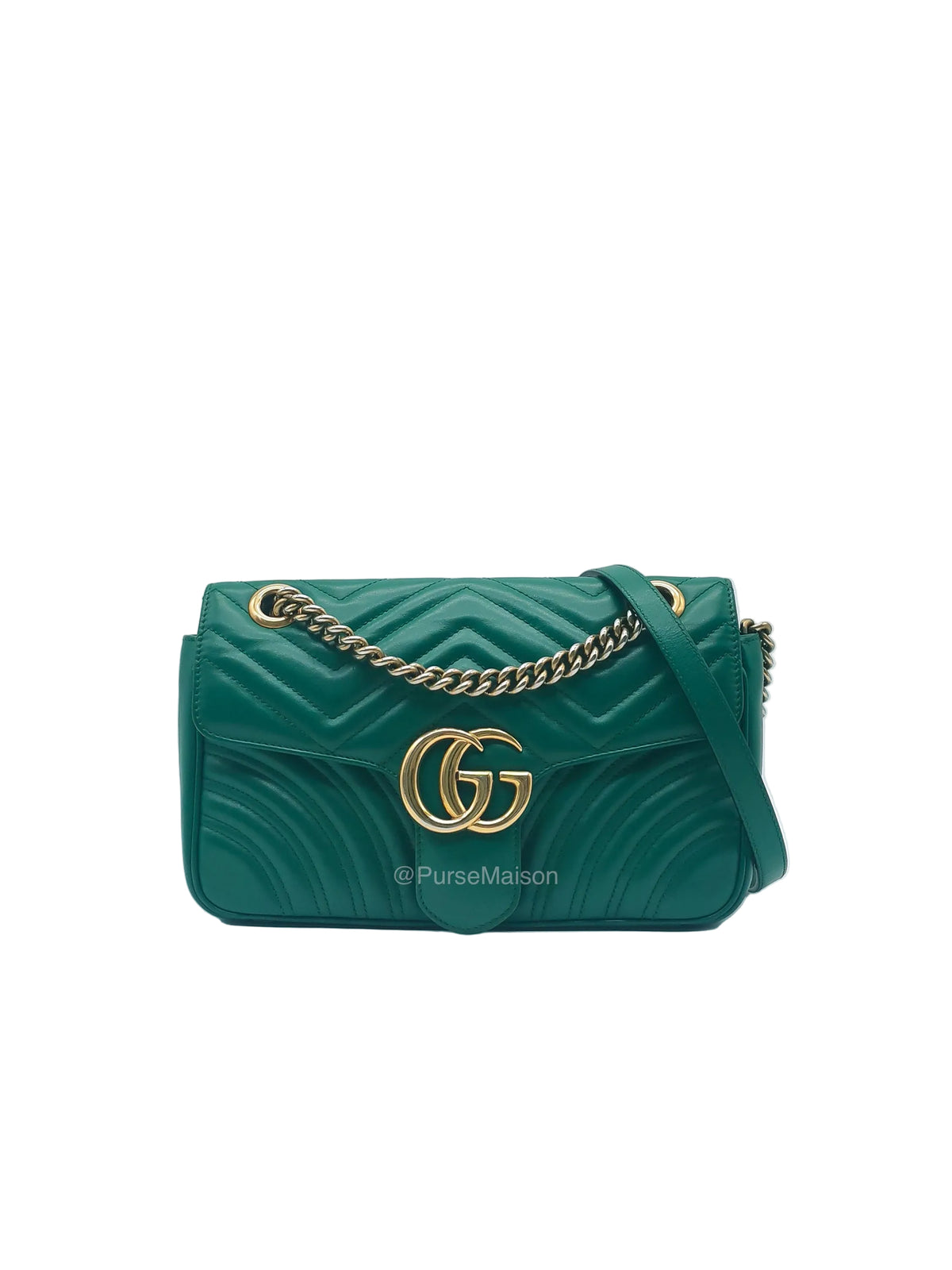 Gucci GG Marmont Shoulder Bag Small in Green Chevron Matelasse Calfskin Leather and Gold Hardware