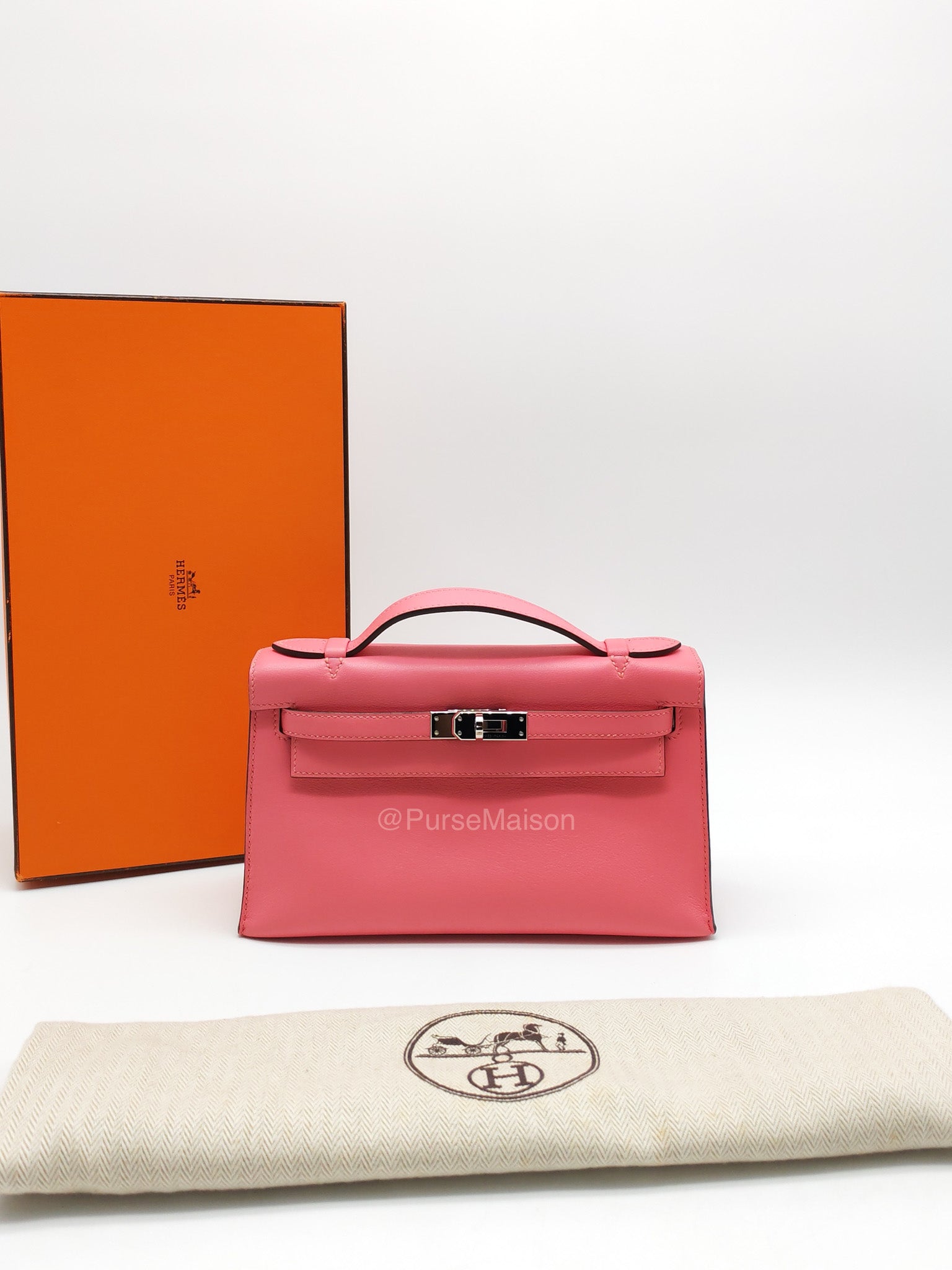 Hermes Kelly Pochette Rose Azalee in Swift Leather and Palladium Hardware Stamp A (2017)