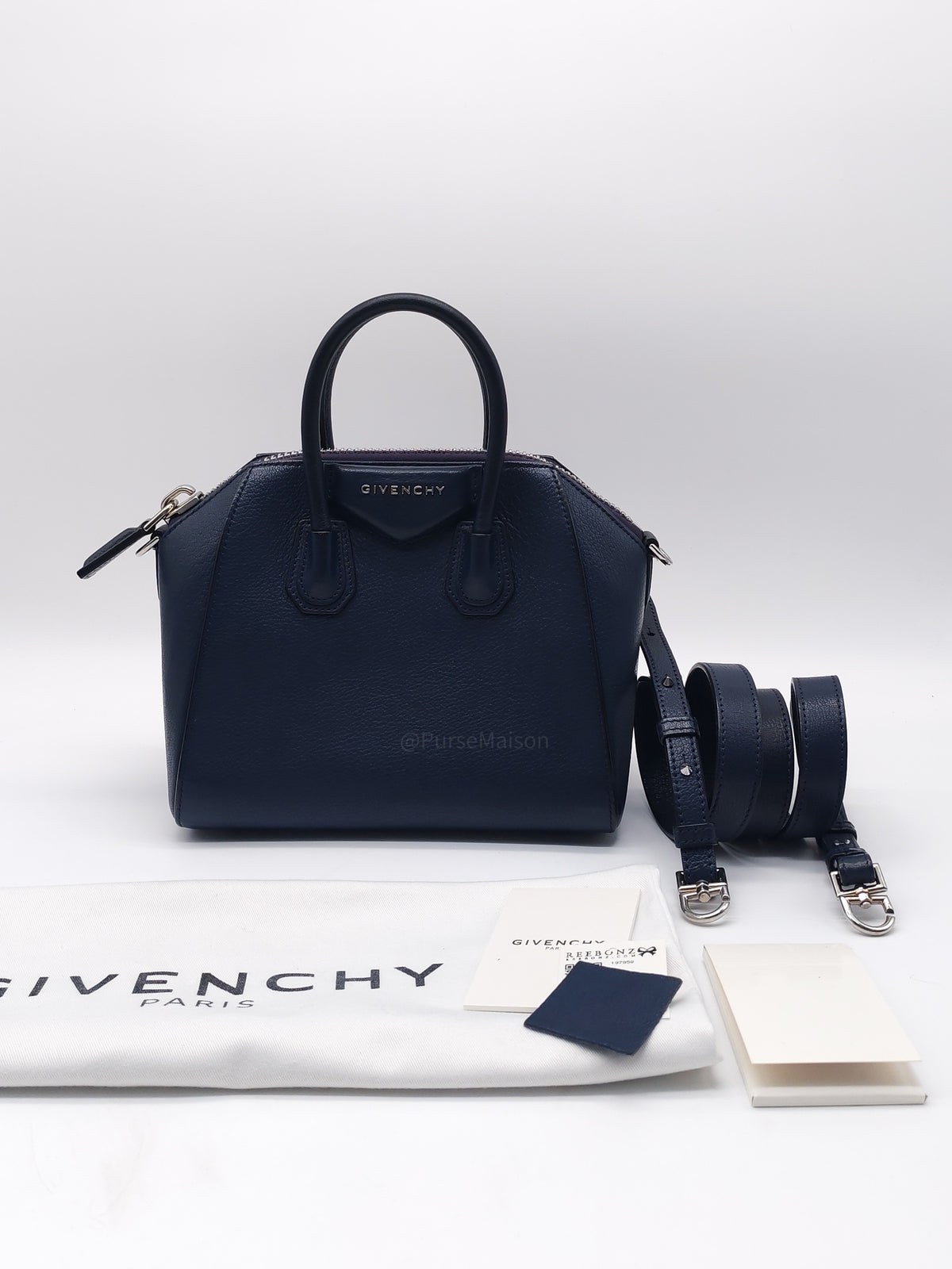 Givenchy Antigona Mini in Navy Blue Grained Calfskin Leather and Silver Hardware