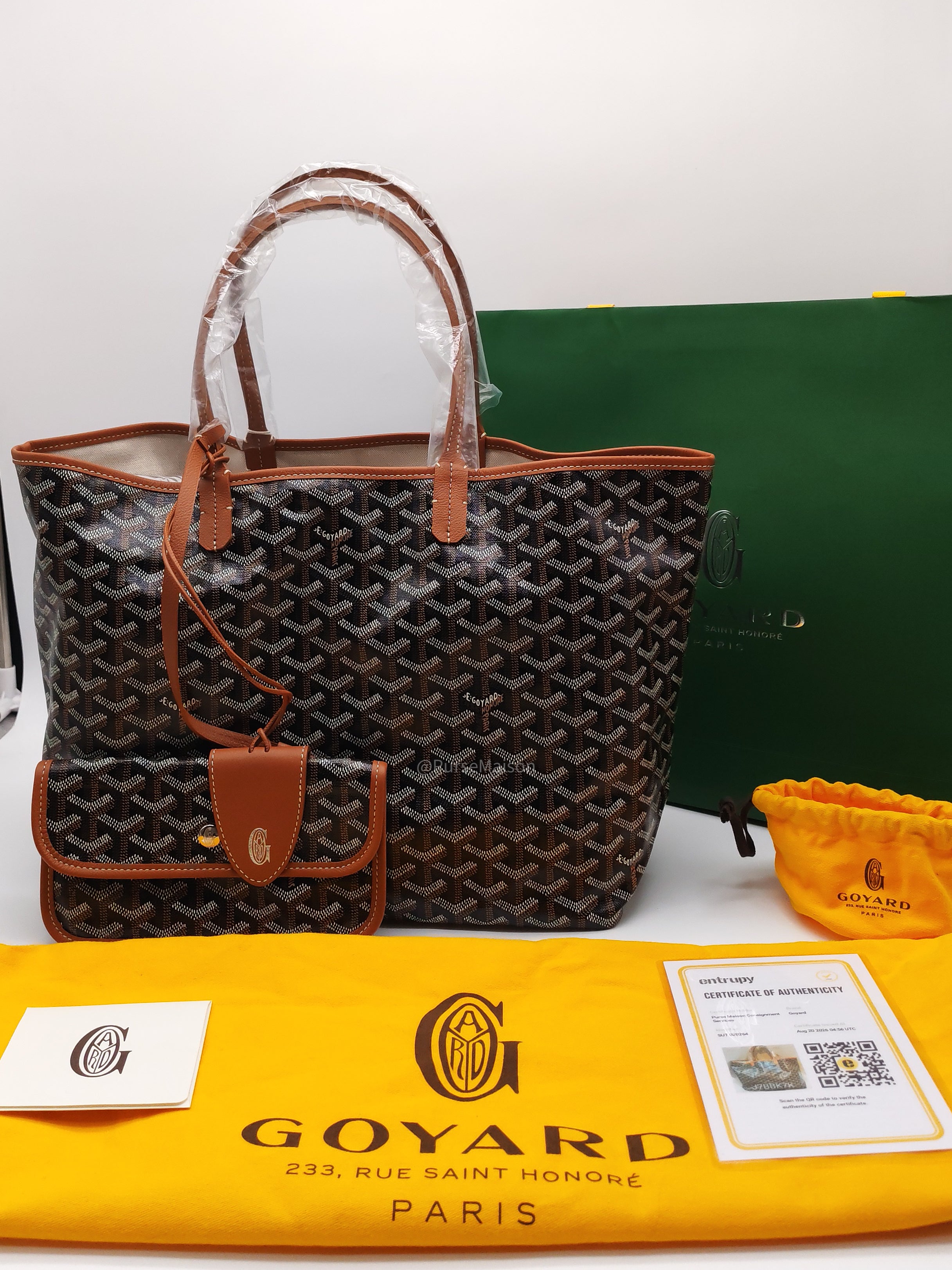 Goyard Saint Louis PM Tote Bag in Noir et Naturel/Tan Goyardine Canvas with Croc Universel Clip Charm