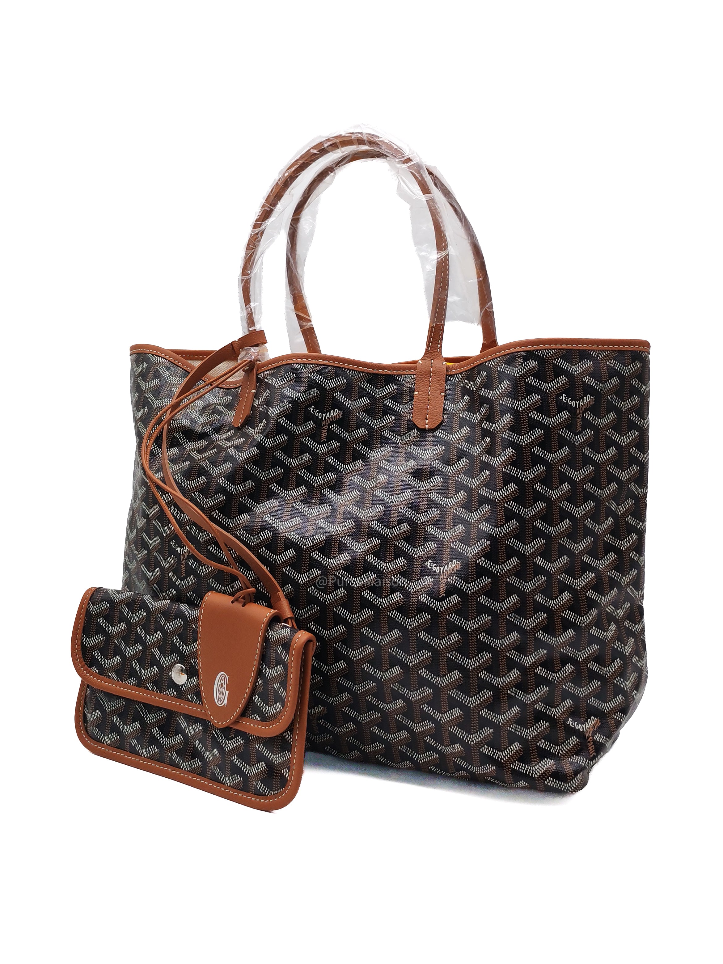 Goyard Saint Louis PM Tote Bag in Noir et Naturel/Tan Goyardine Canvas with Croc Universel Clip Charm