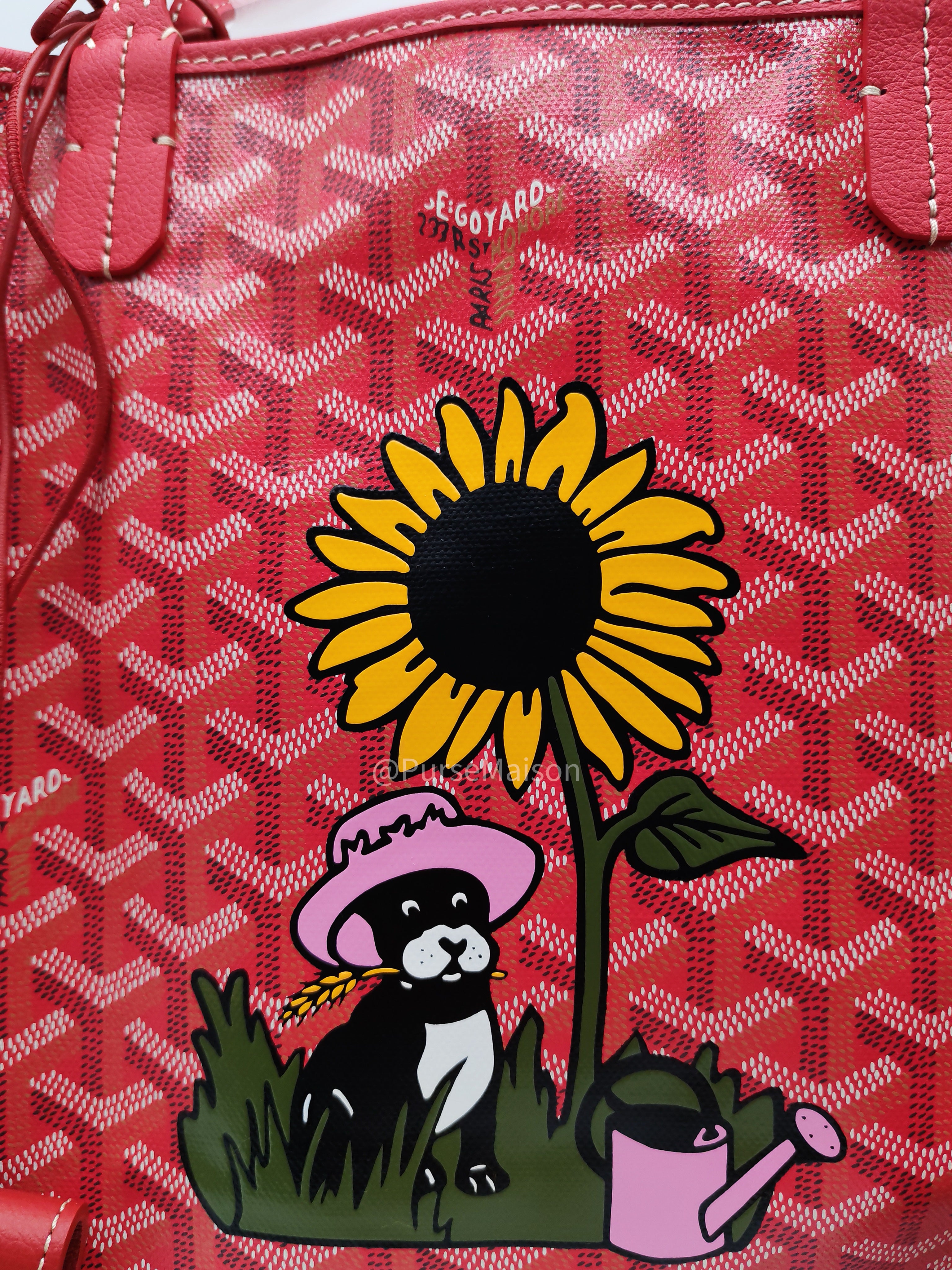 Goyard Saint Louis PM Tote Bag in Red Goyardine Canvas with Sunflower & Dog Hand-Painted Marquage (Limited Edition)