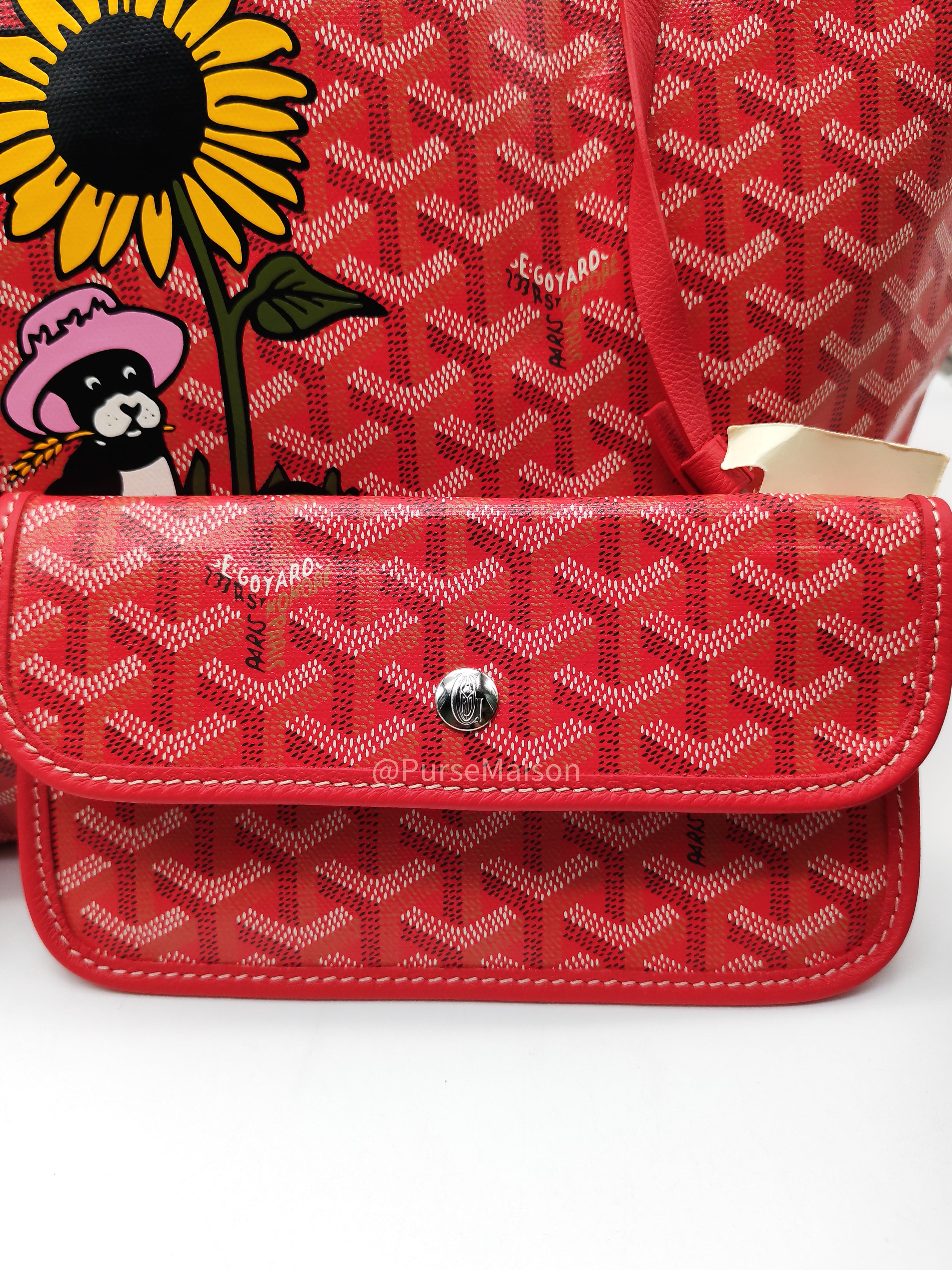 Goyard Saint Louis PM Tote Bag in Red Goyardine Canvas with Sunflower & Dog Hand-Painted Marquage (Limited Edition)