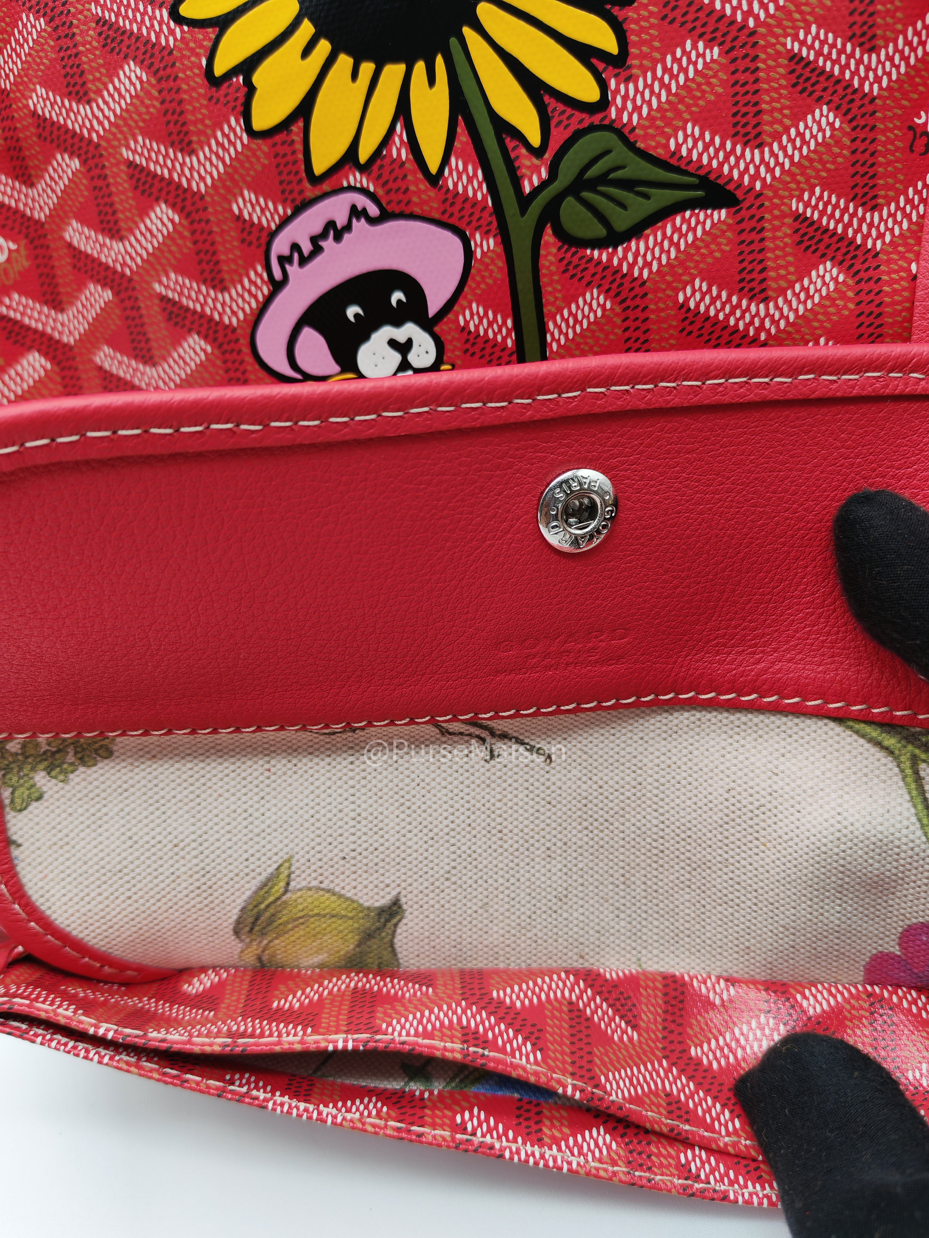 Goyard Saint Louis PM Tote Bag in Red Goyardine Canvas with Sunflower & Dog Hand-Painted Marquage (Limited Edition)