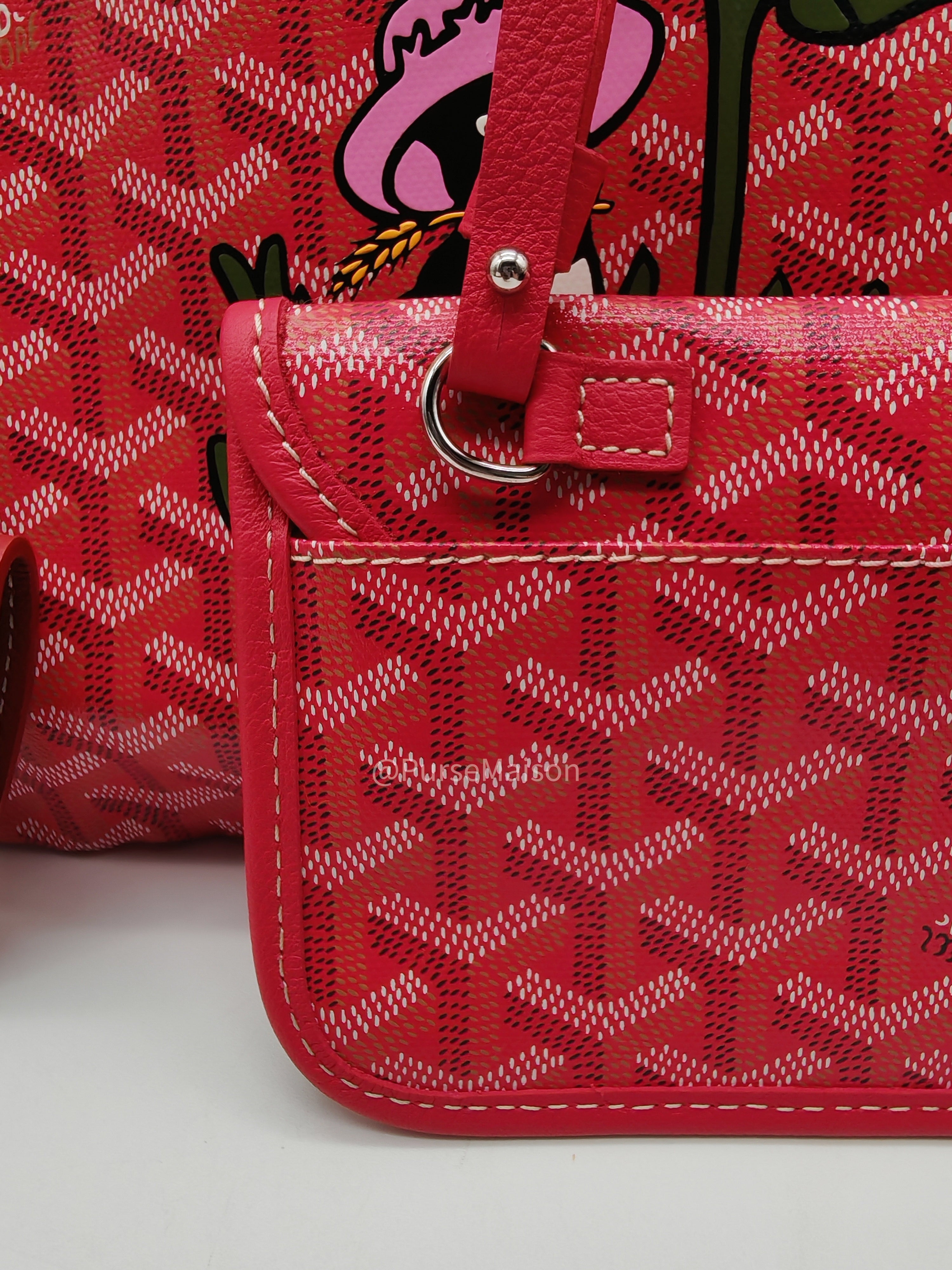 Goyard Saint Louis PM Tote Bag in Red Goyardine Canvas with Sunflower & Dog Hand-Painted Marquage (Limited Edition)