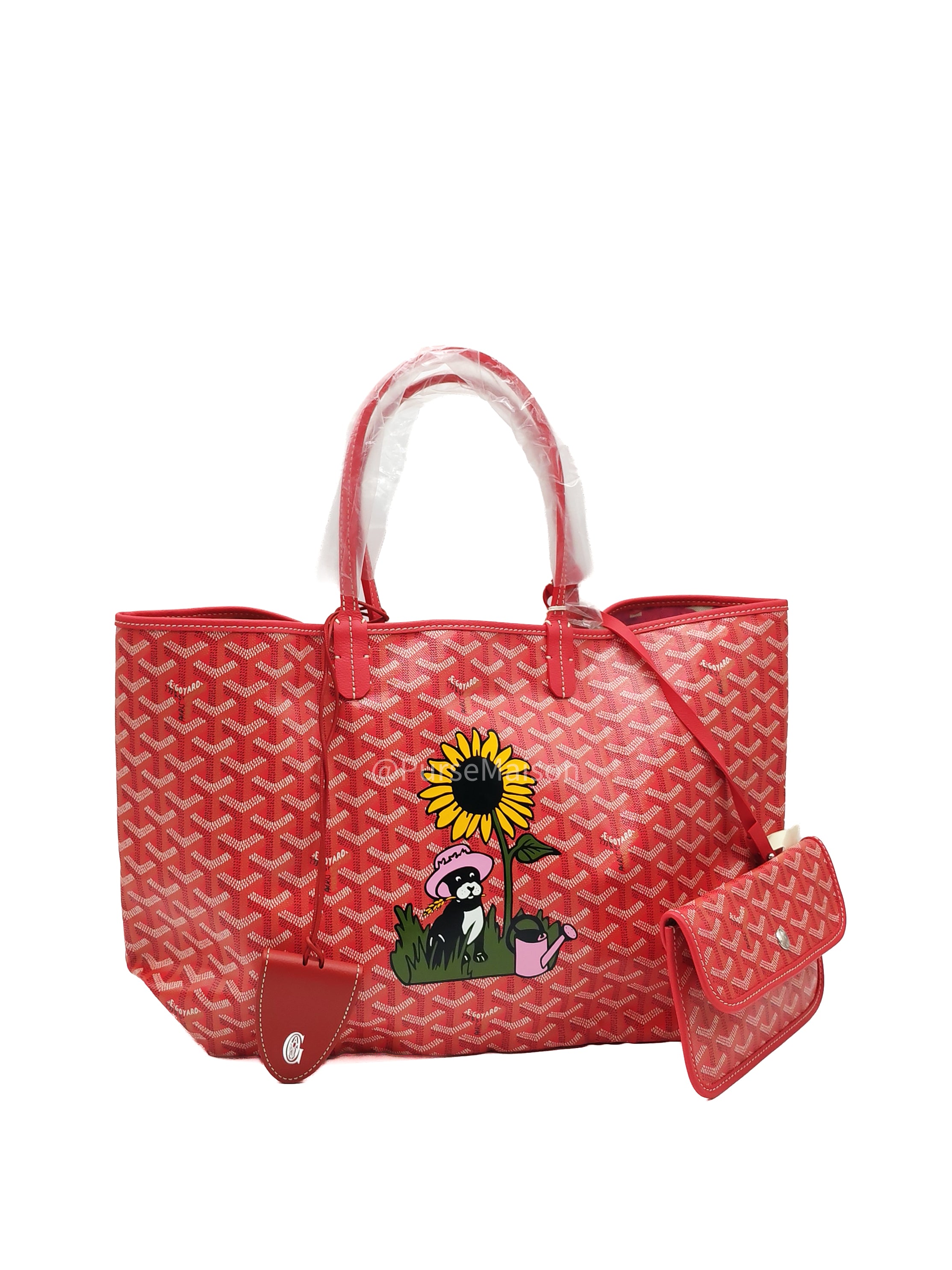 Goyard Saint Louis PM Tote Bag in Red Goyardine Canvas with Sunflower & Dog Hand-Painted Marquage (Limited Edition)