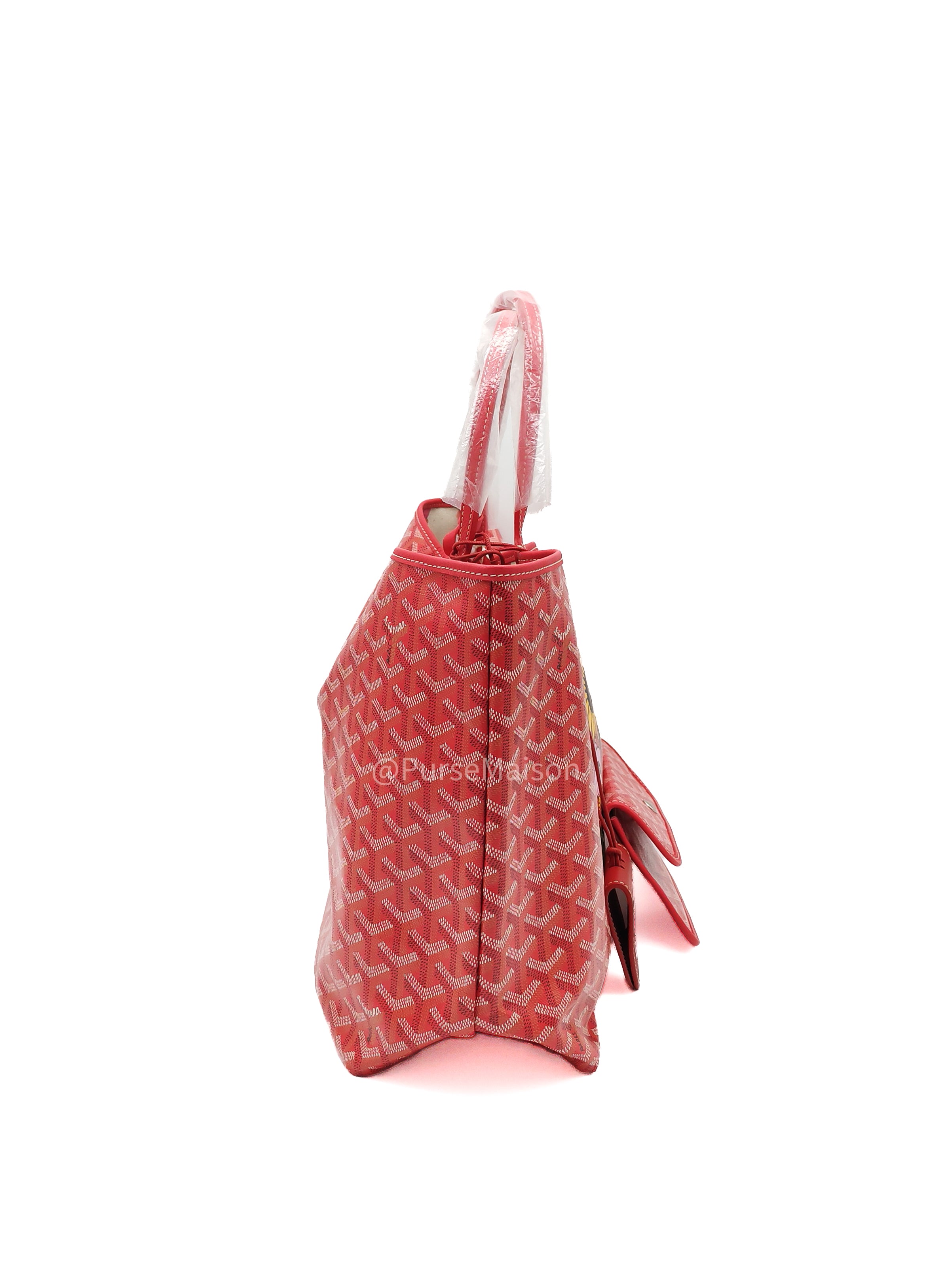 Goyard Saint Louis PM Tote Bag in Red Goyardine Canvas with Sunflower & Dog Hand-Painted Marquage (Limited Edition)
