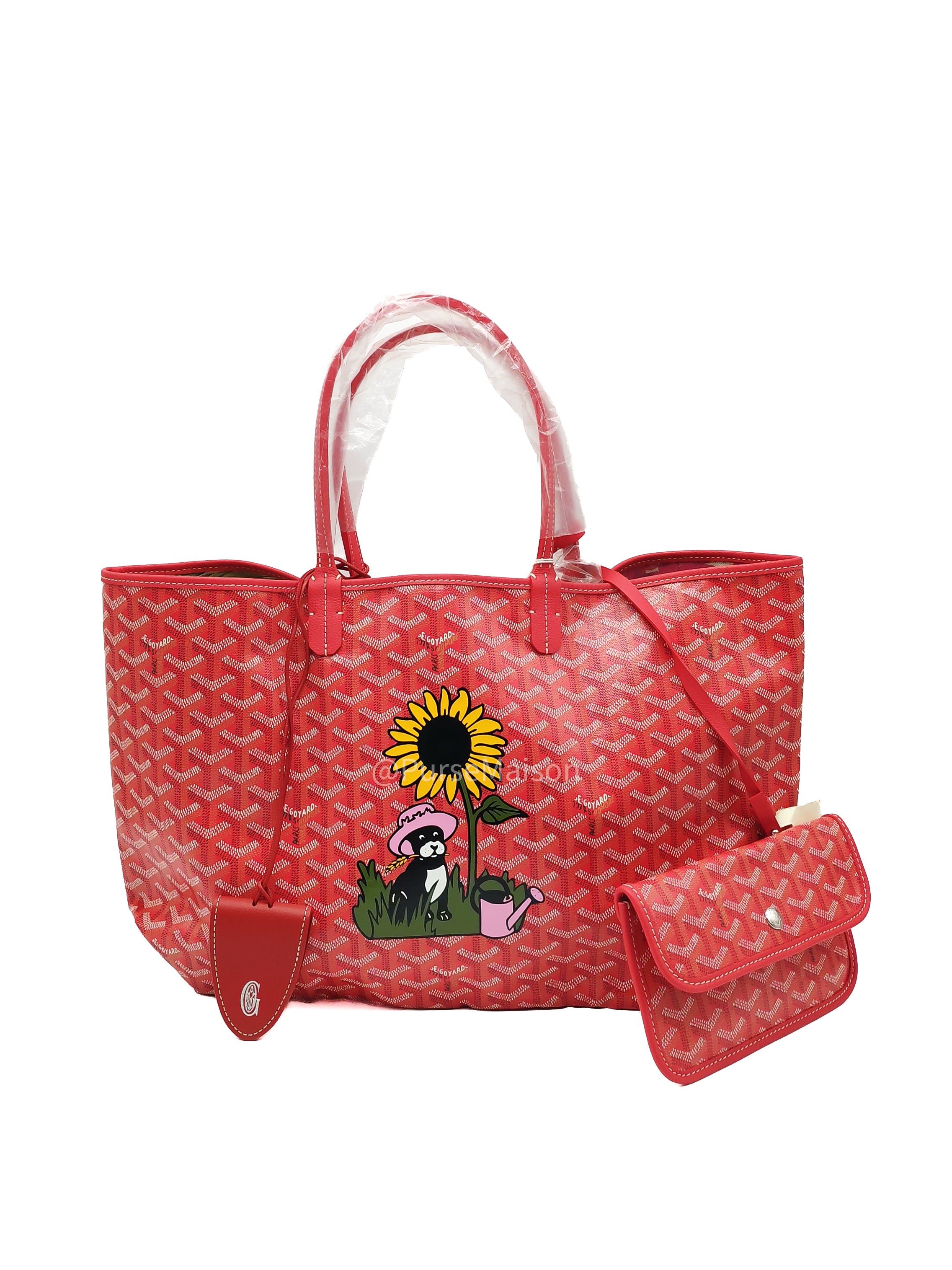 Goyard Saint Louis PM Tote Bag in Red Goyardine Canvas with Sunflower & Dog Hand-Painted Marquage (Limited Edition)