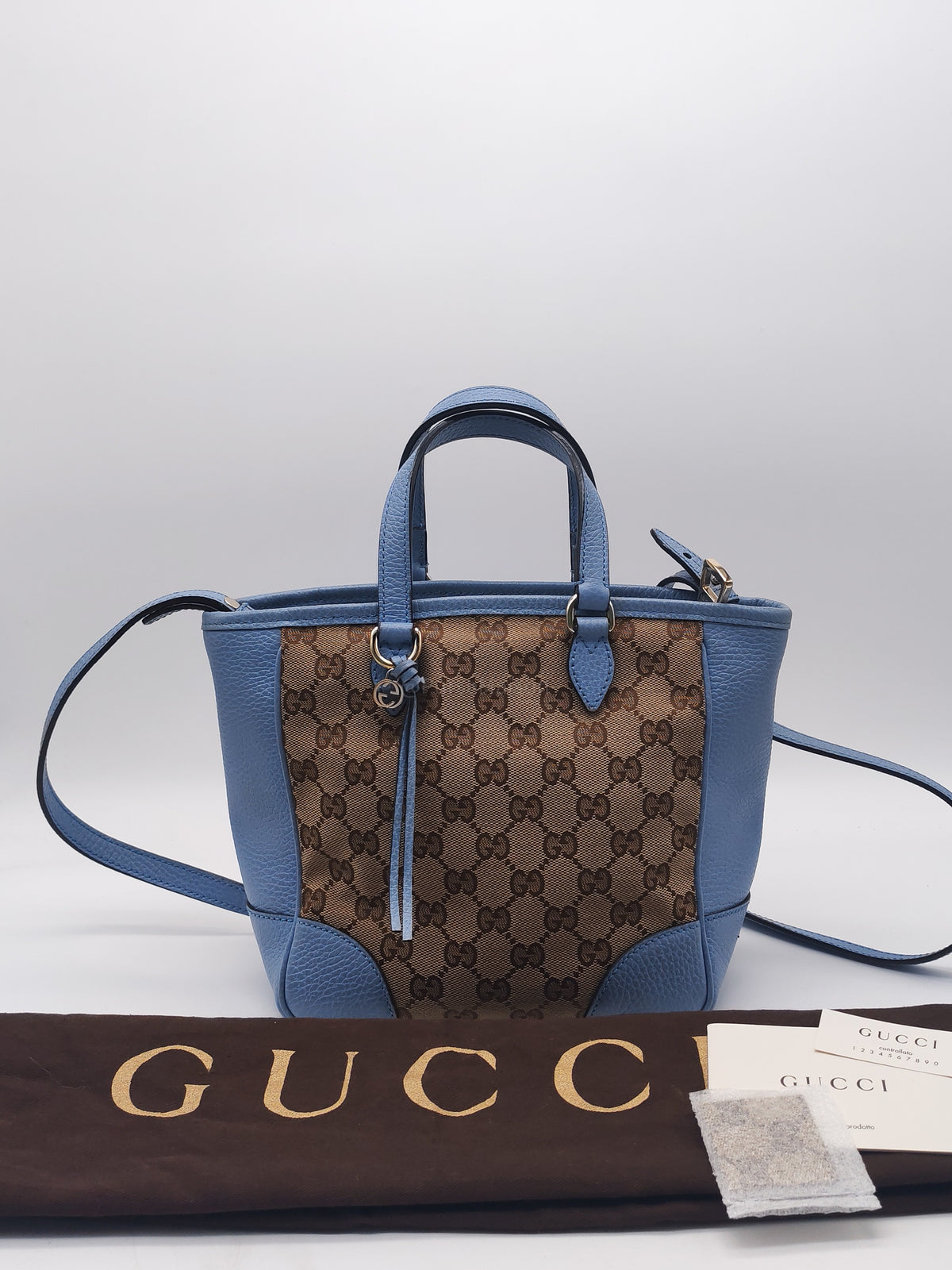 Gucci Bree Tote Bag Small in GG Supreme Canvas and Light Blue Leather