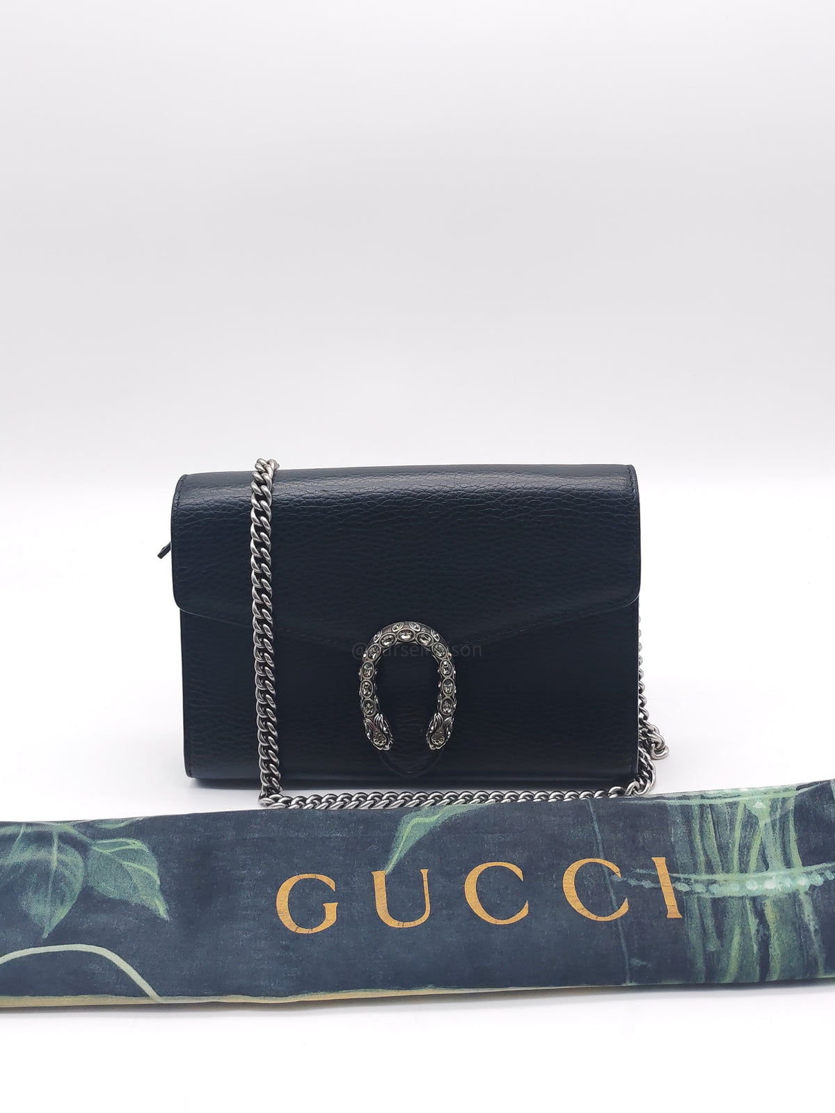 Gucci Dionysus Wallet on Chain in Black Grained Calfskin Leather Silver Hardware