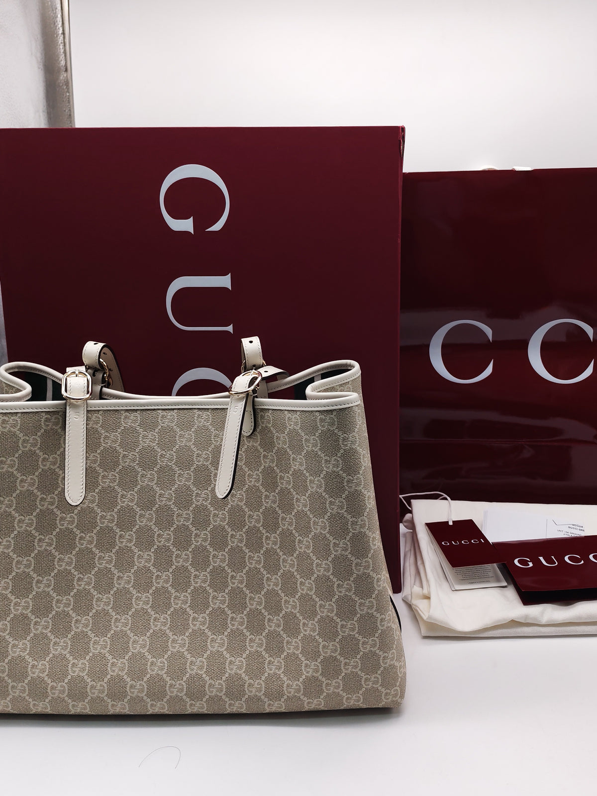 Gucci GG Emblem Tote Bag Large in White Monogram Canvas and Light Gold Hardware