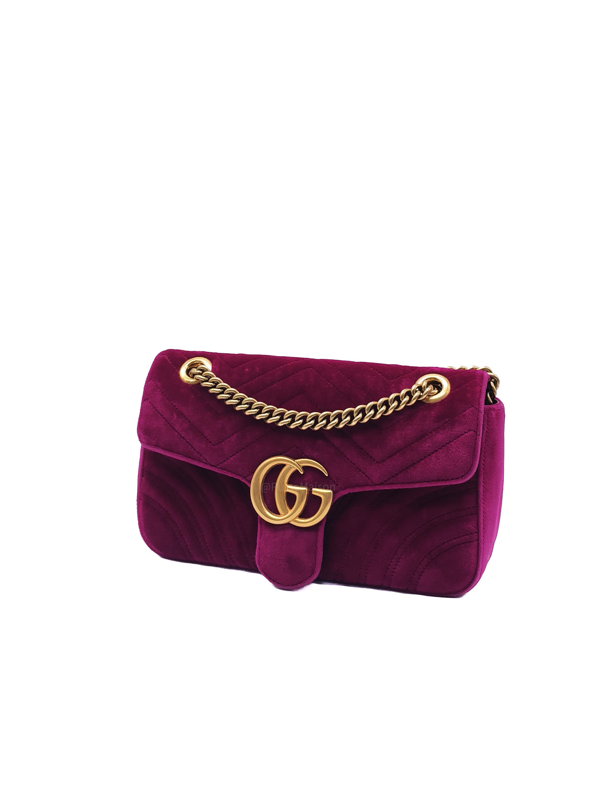 Gucci Velvet Matellase GG Marmont Shoulder Bag in Rich Purple Velvet Fabric and Aged Gold Hardware