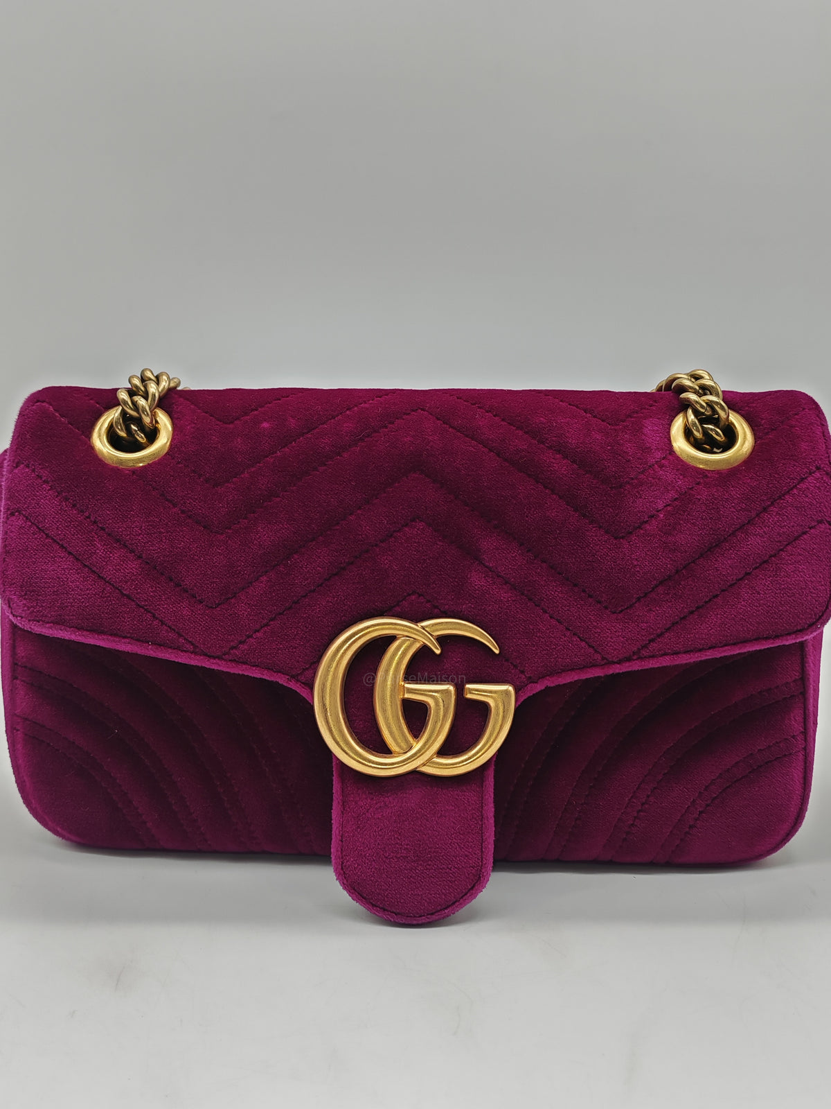 Gucci Velvet Matellase GG Marmont Shoulder Bag in Rich Purple Velvet Fabric and Aged Gold Hardware