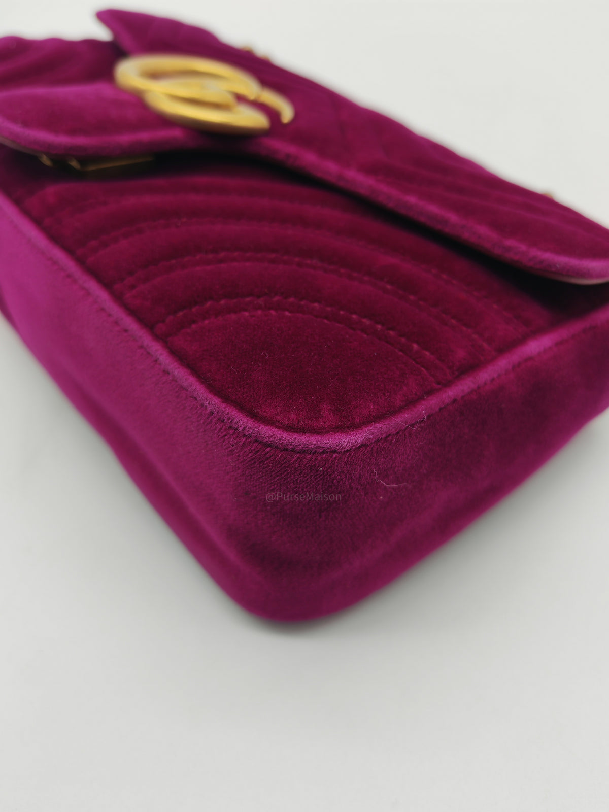 Gucci Velvet Matellase GG Marmont Shoulder Bag in Rich Purple Velvet Fabric and Aged Gold Hardware