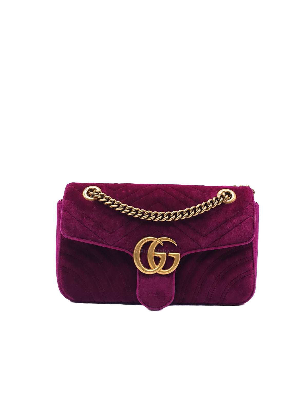 Gucci Velvet Matellase GG Marmont Shoulder Bag in Rich Purple Velvet Fabric and Aged Gold Hardware