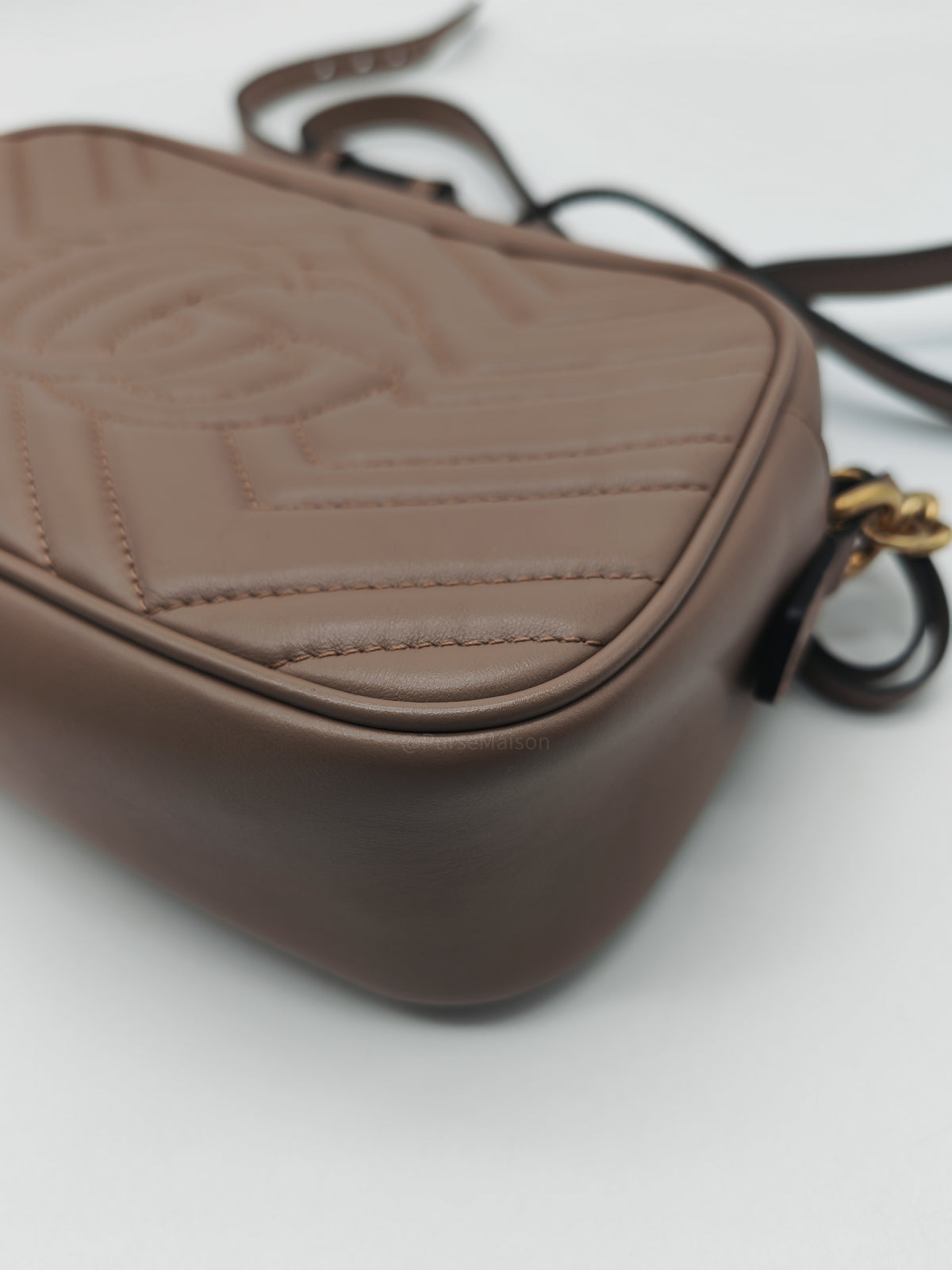 Gucci GG Marmont Camera Bag Small in Porcelain Rose Quilted Matellase Calfskin Leather and Gold Hardware