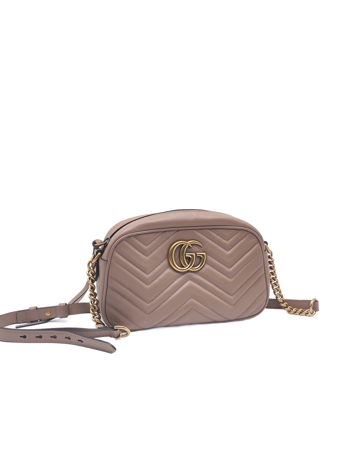 Gucci GG Marmont Camera Bag Small in Porcelain Rose Quilted Matellase Calfskin Leather and Gold Hardware