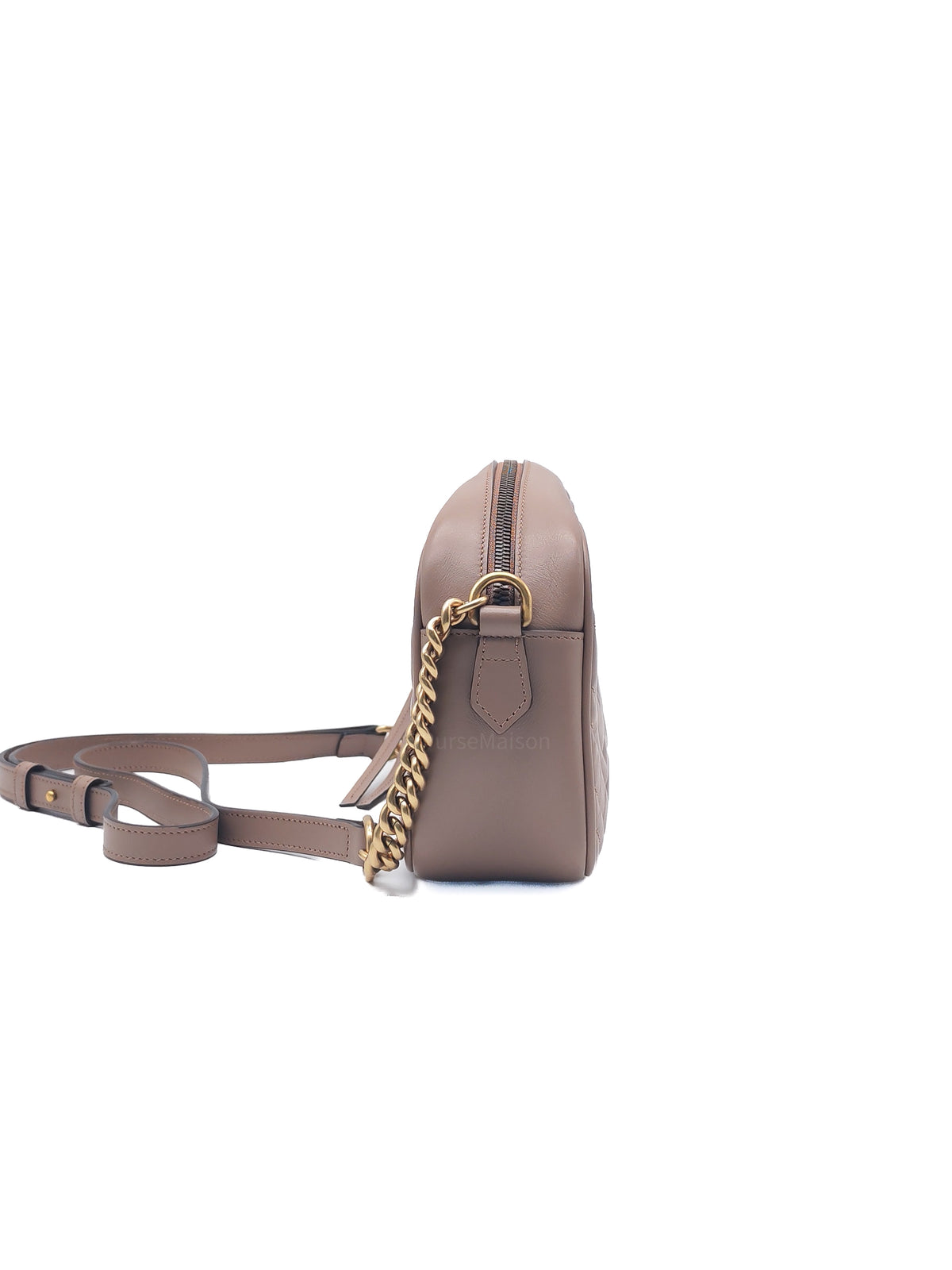Gucci GG Marmont Camera Bag Small in Porcelain Rose Quilted Matellase Calfskin Leather and Gold Hardware