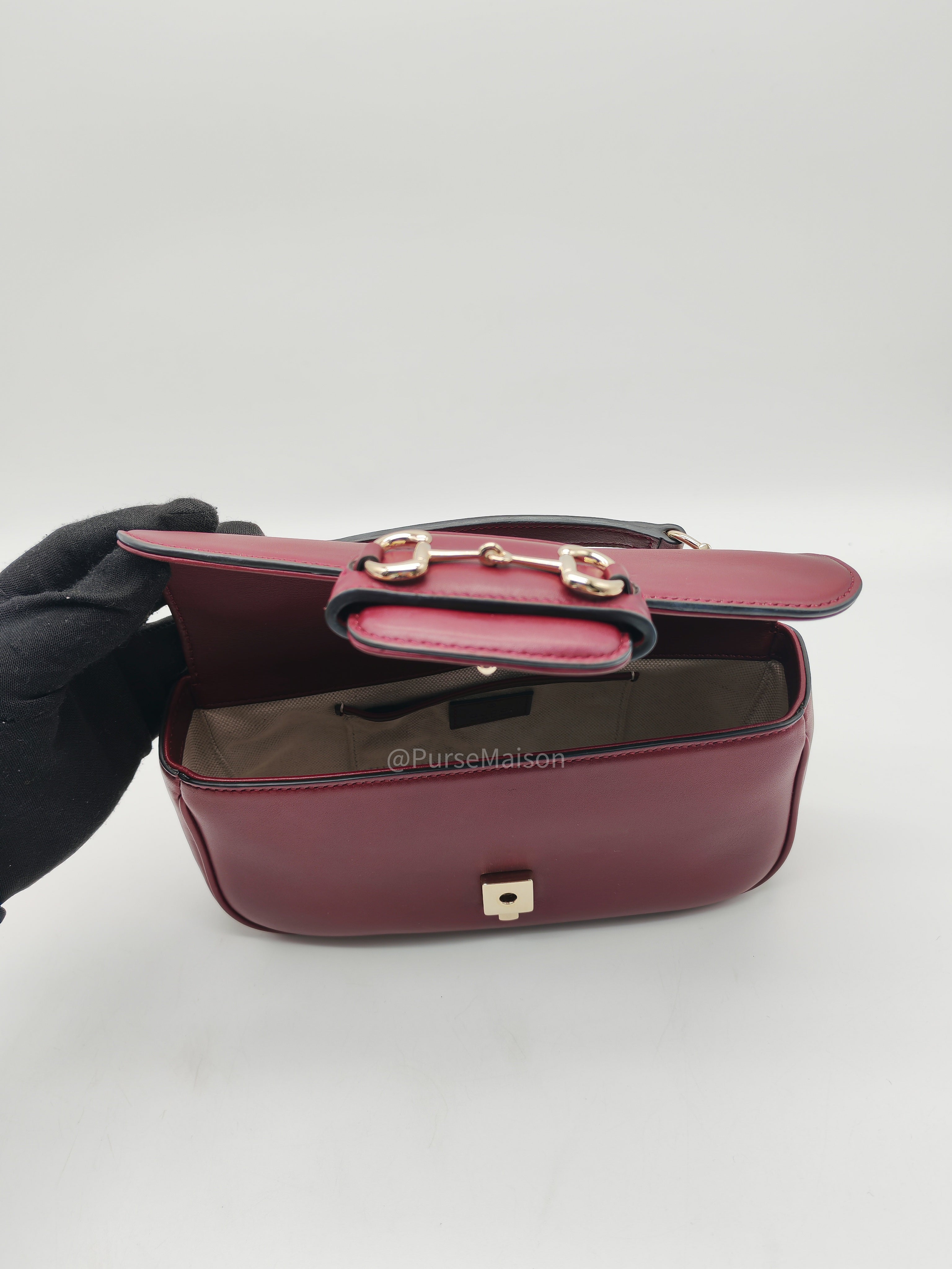Gucci Horsebit 1955 East West Shoulder Bag in Rosso Ancora Calfskin Leather and Light Gold Hardware