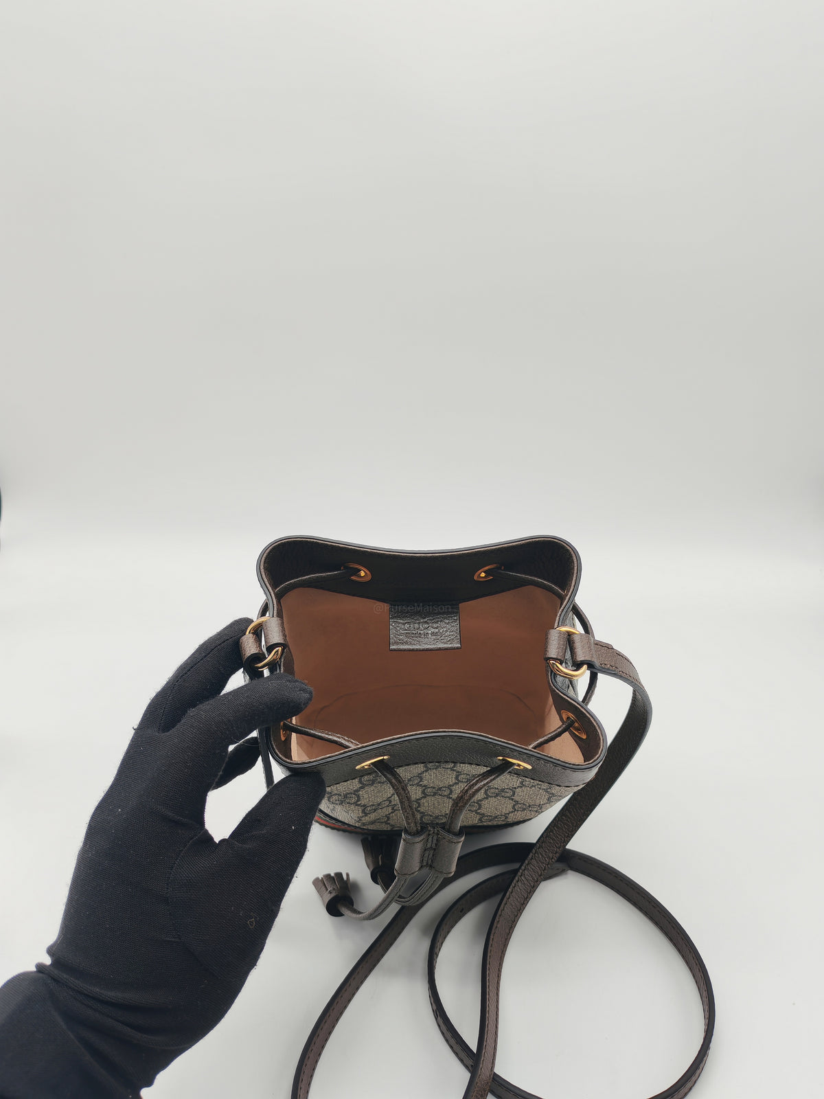 Gucci Ophidia Mini Bucket Bag in GG Supreme Monogram Canvas and Gold Hardware