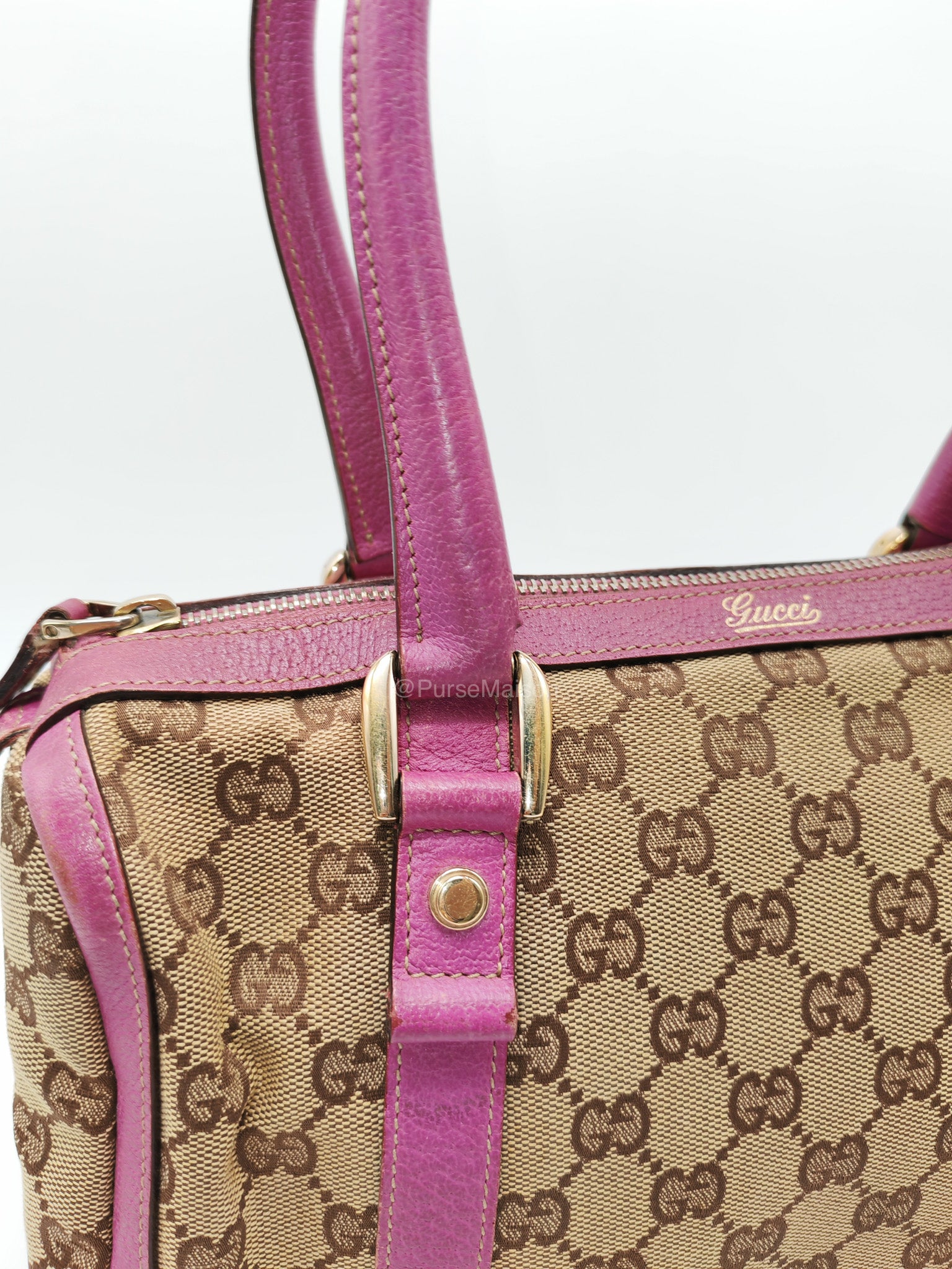 Gucci Abbey Boston Handbag in Pink GG Monogram Canvas and Light Gold Hardware