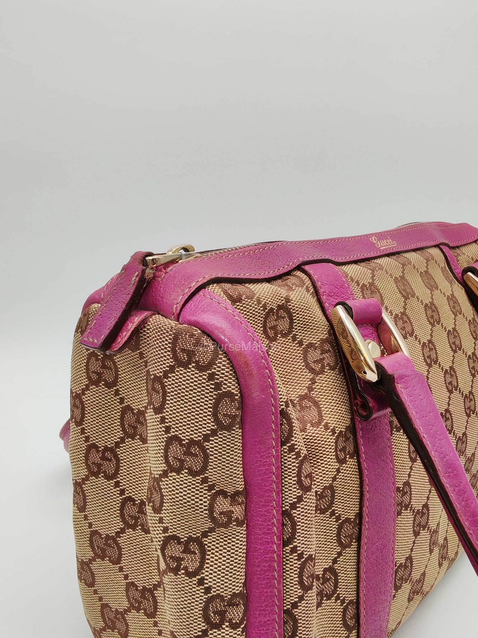 Gucci Abbey Boston Handbag in Pink GG Monogram Canvas and Light Gold Hardware