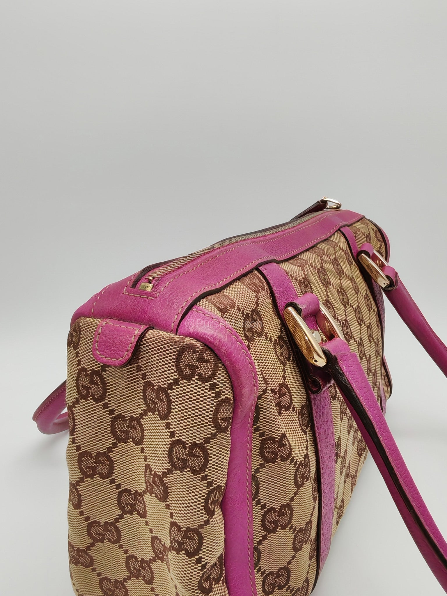 Gucci Abbey Boston Handbag in Pink GG Monogram Canvas and Light Gold Hardware