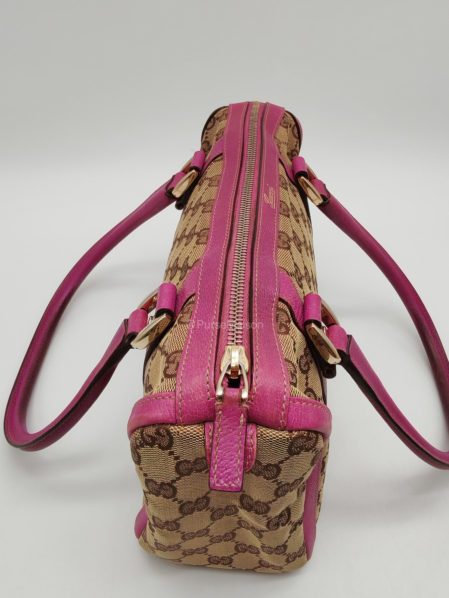 Gucci Abbey Boston Handbag in Pink GG Monogram Canvas and Light Gold Hardware
