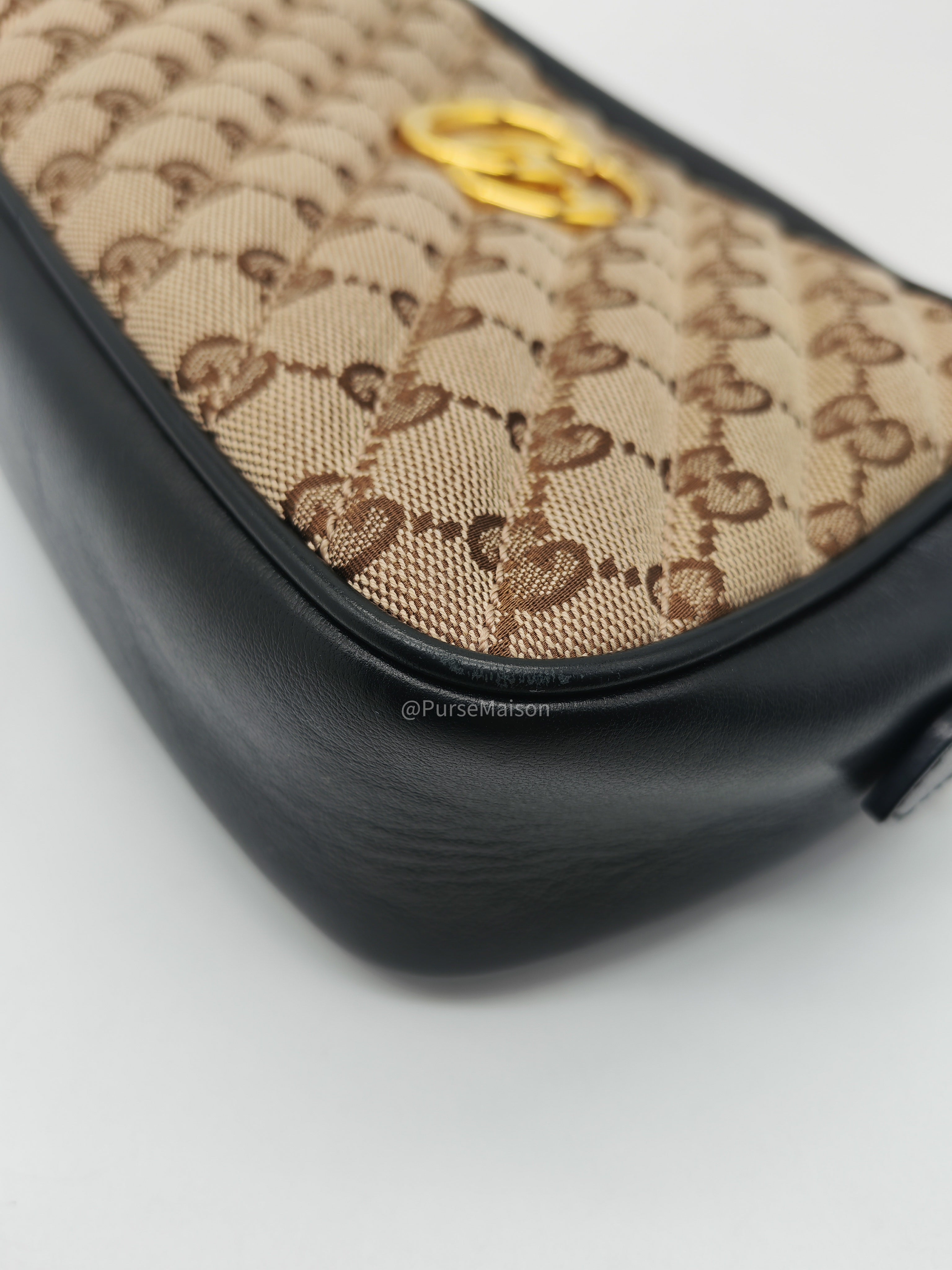 Gucci GG Marmont Camera Bag Small in Diagonal Monogram Matelasse Canvas and Gold Hardware