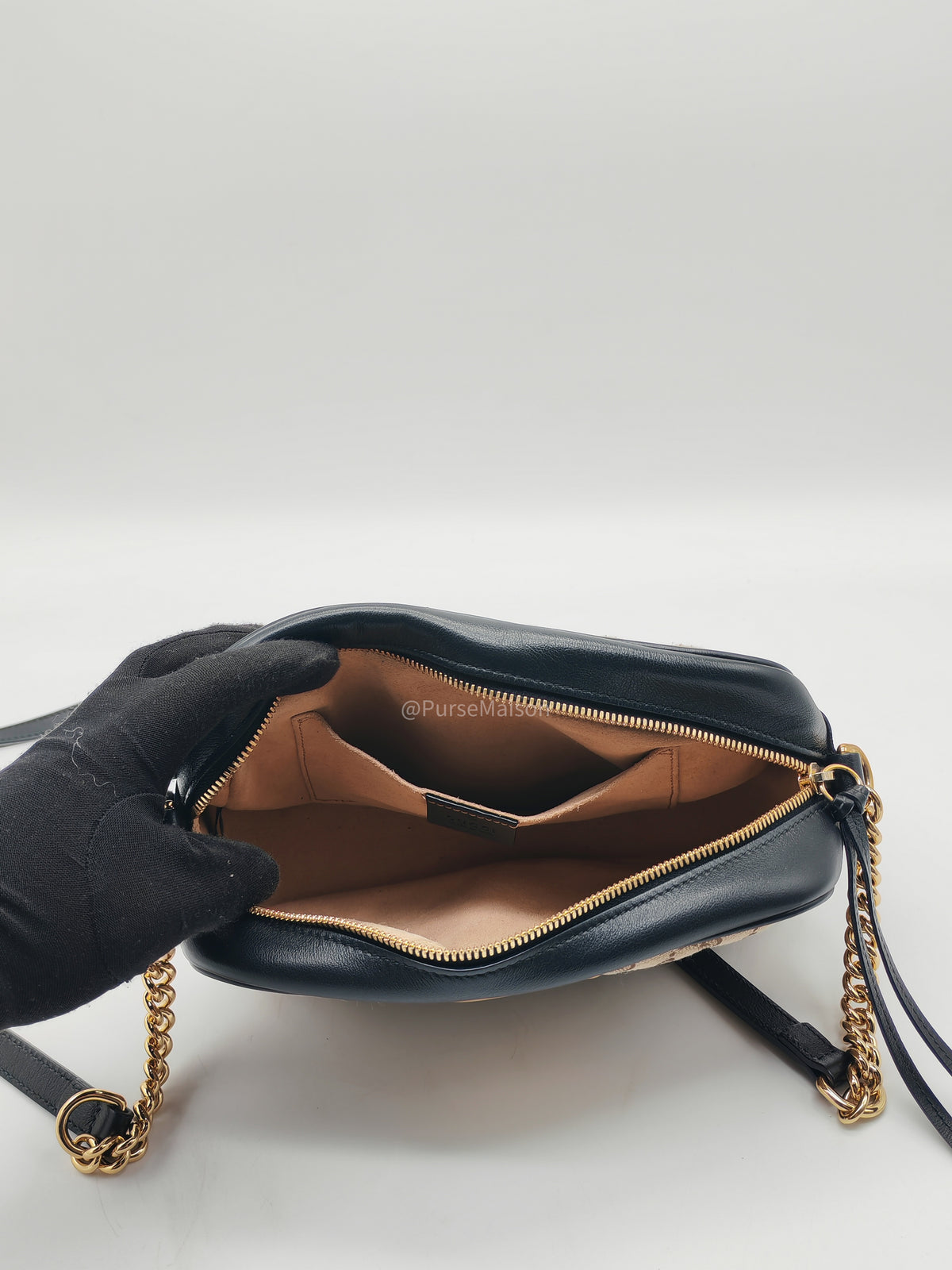 Gucci GG Marmont Camera Bag Small in Diagonal Monogram Matelasse Canvas and Gold Hardware