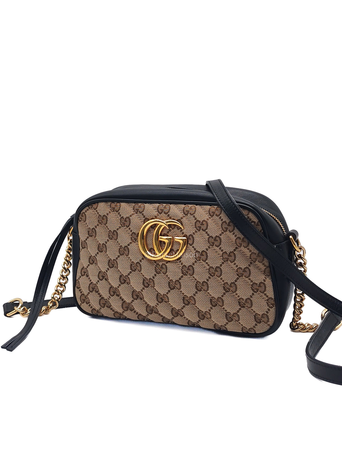 Gucci GG Marmont Camera Bag Small in Diagonal Monogram Matelasse Canvas and Gold Hardware