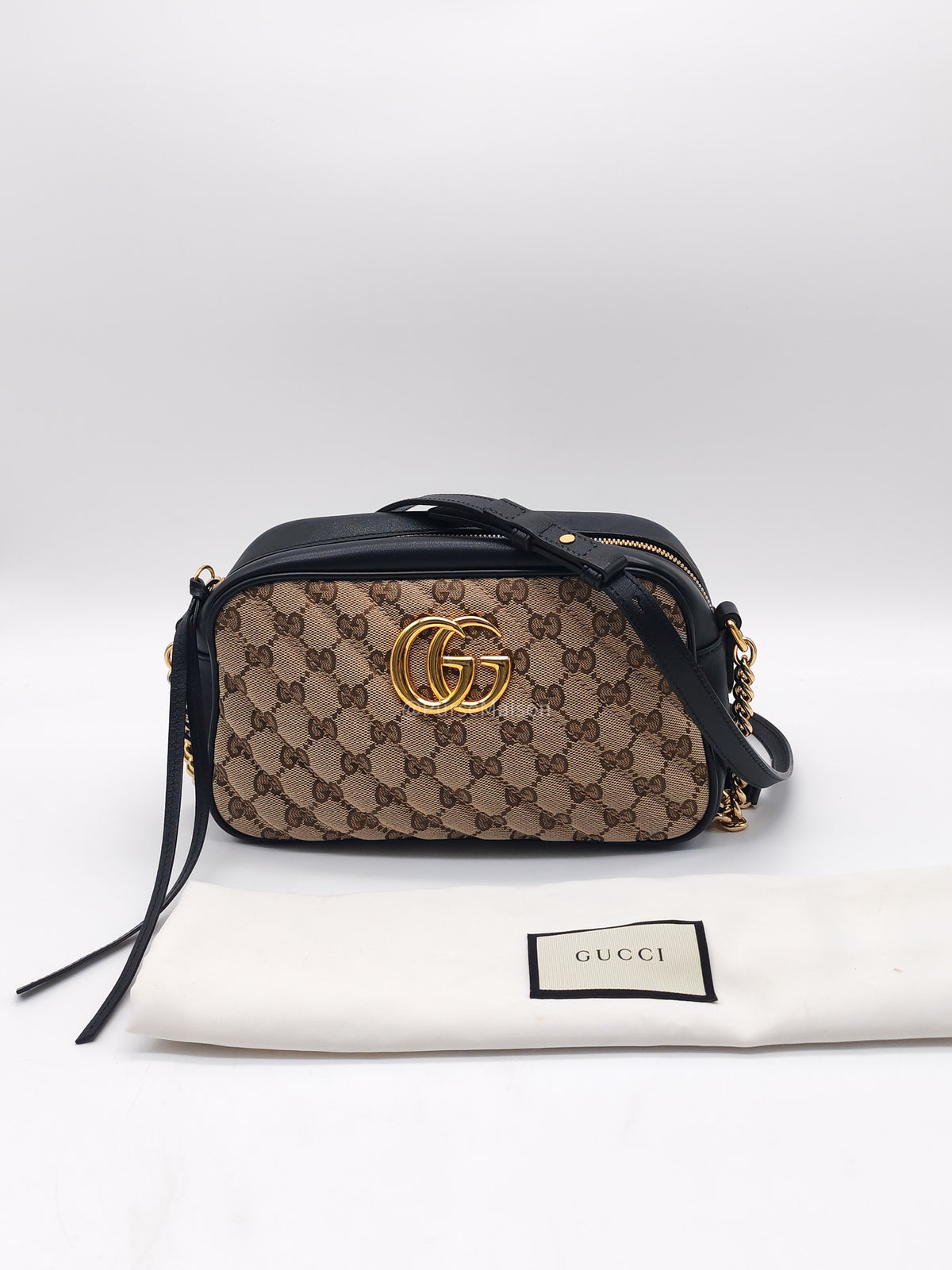 Gucci GG Marmont Camera Bag Small in Diagonal Monogram Matelasse Canvas and Gold Hardware