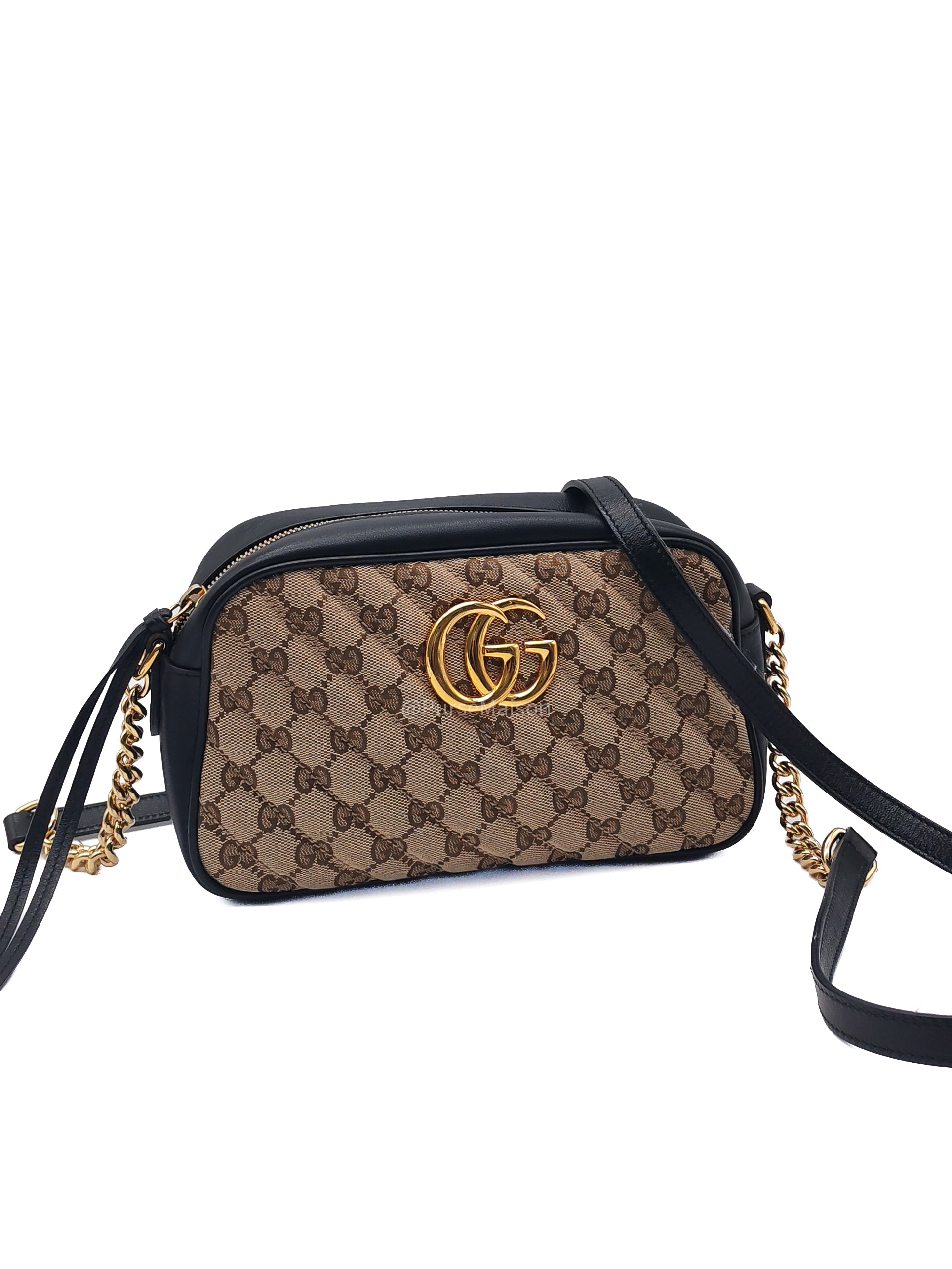Gucci GG Marmont Camera Bag Small in Diagonal Monogram Matelasse Canvas and Gold Hardware