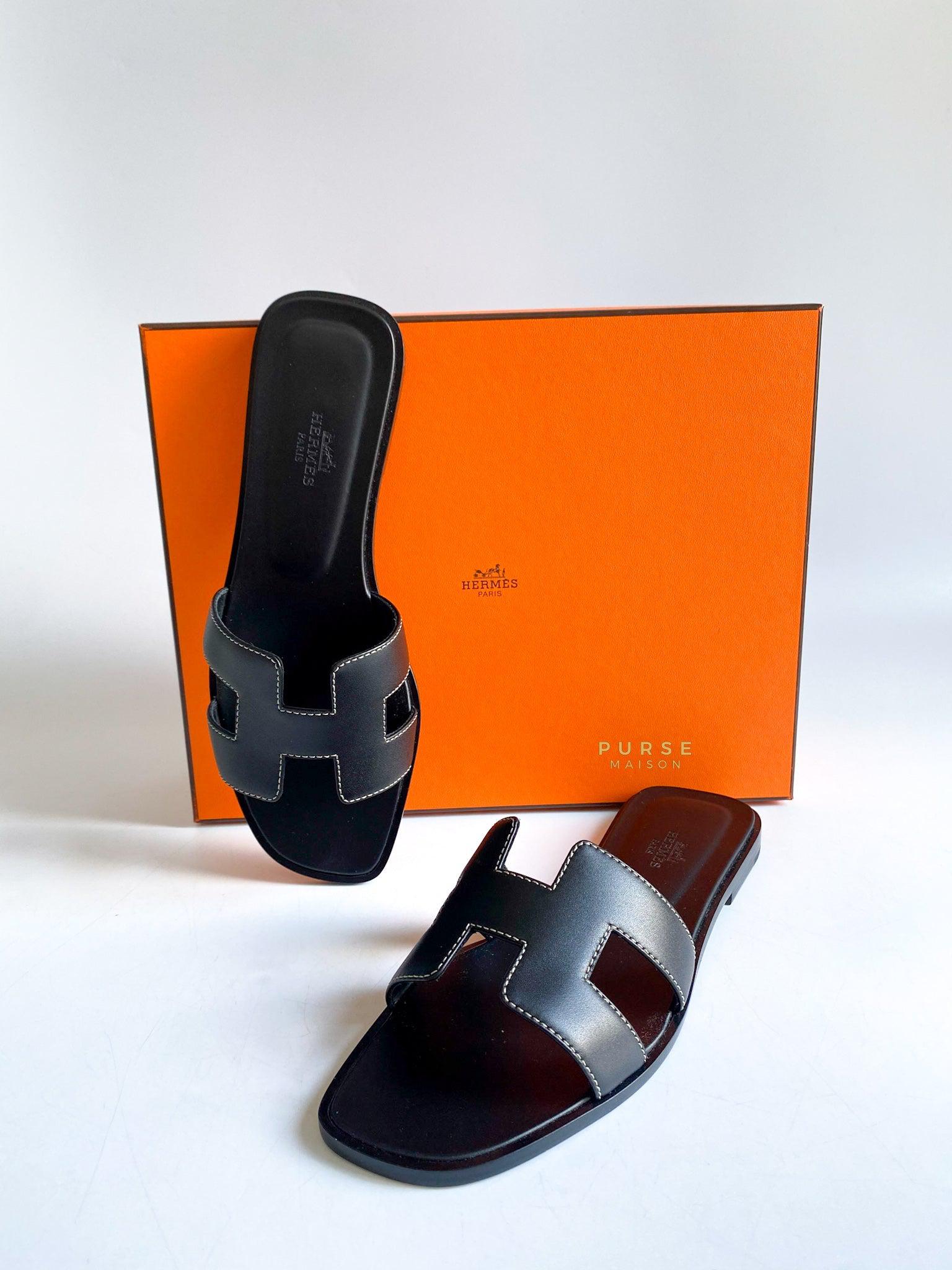 Hermes Oran Black Sandals Size 37 EU (24 cm)