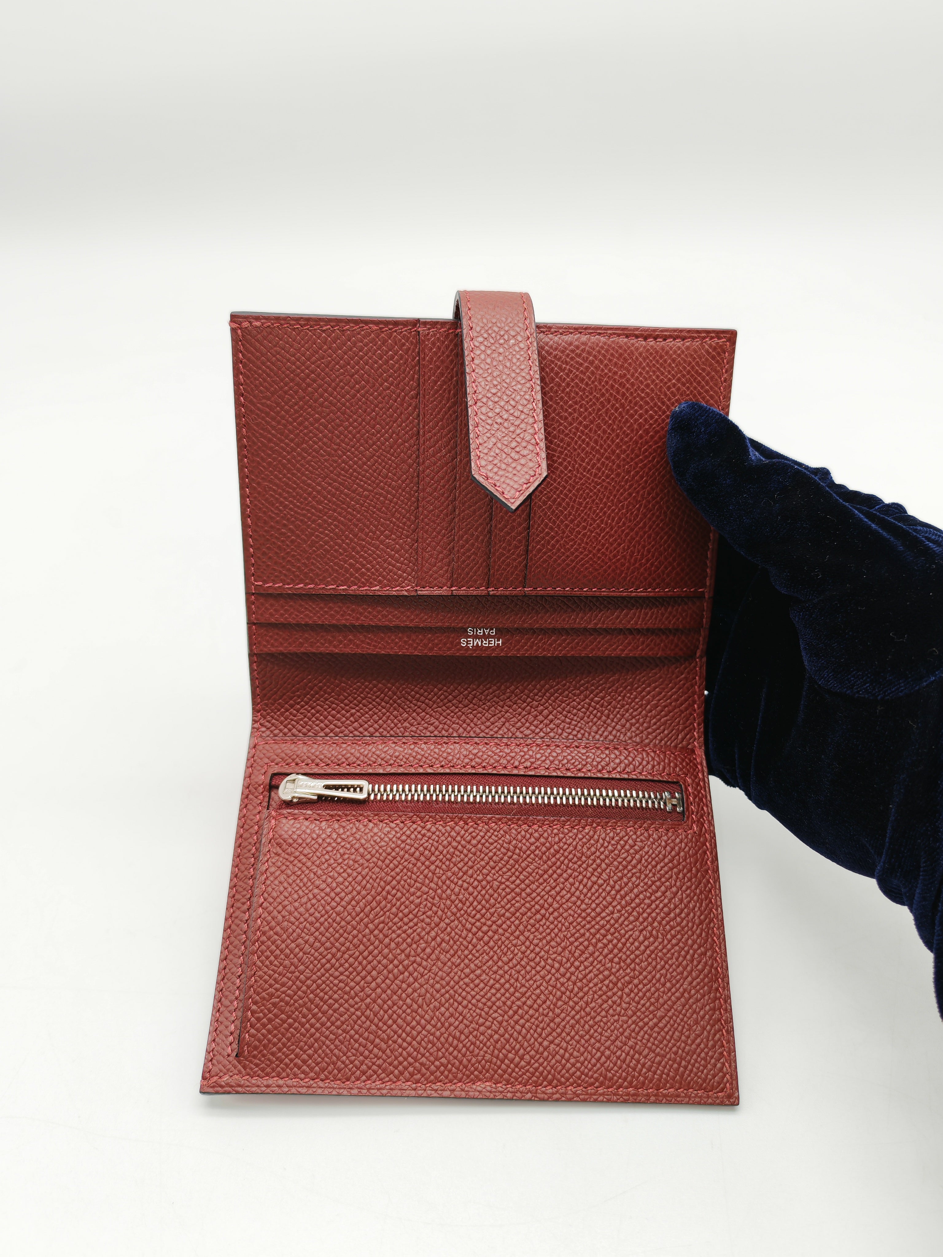 Hermes Bearn Compact Wallet in Rouge Epsom Leather and Palladium Hardware Stamp W (2024)