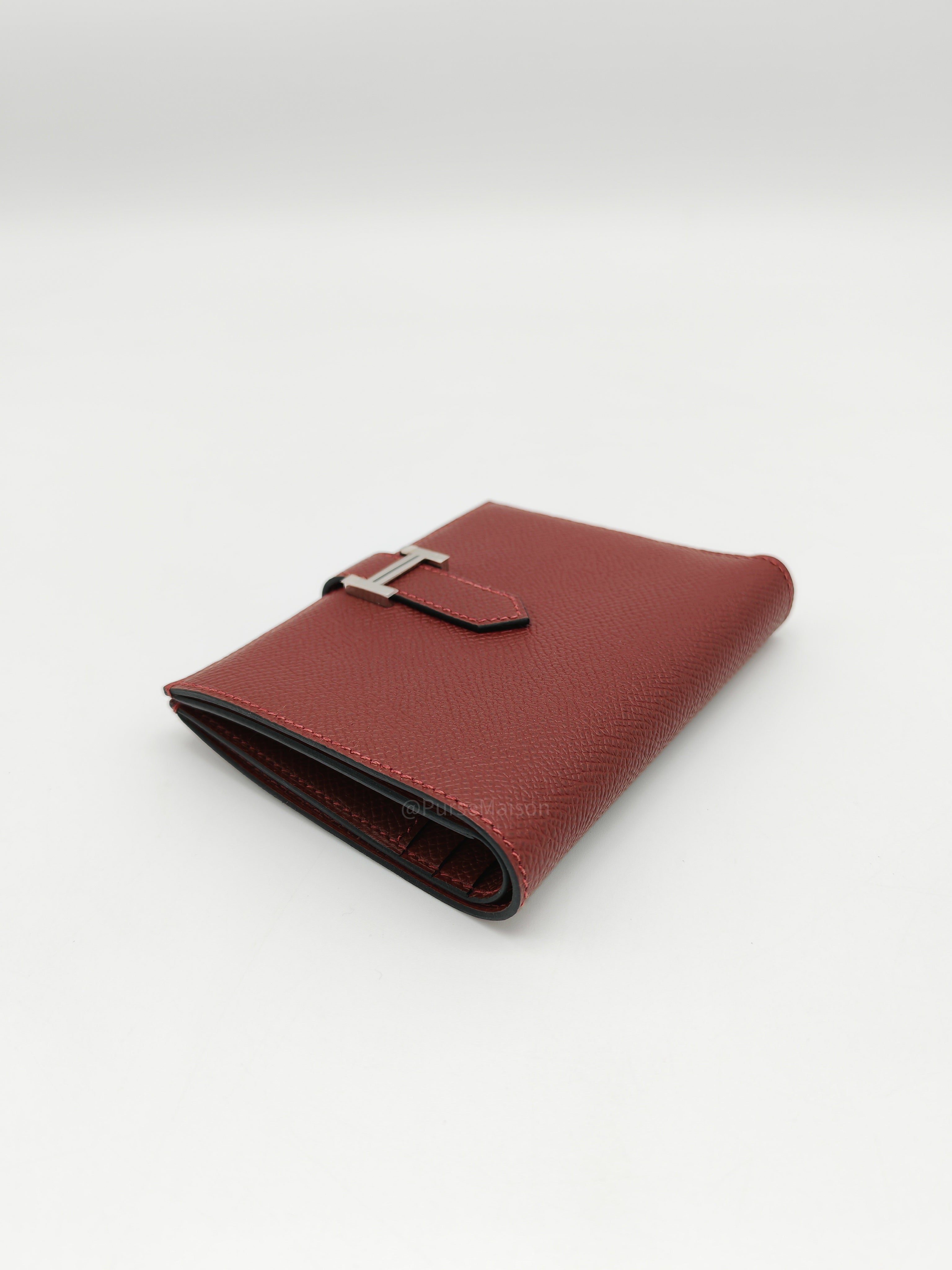 Hermes Bearn Compact Wallet in Rouge Epsom Leather and Palladium Hardware Stamp W (2024)