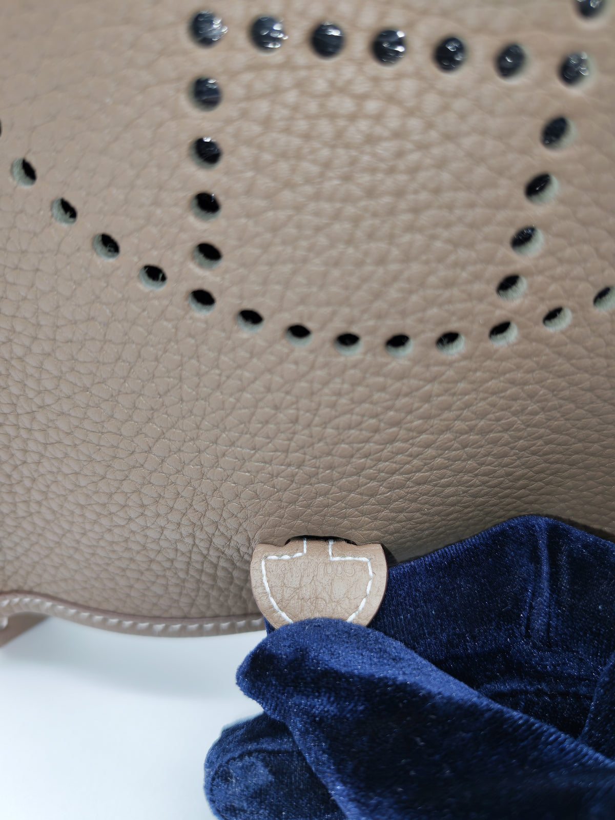 Hermes Mini Evelyne TPM in Etoupe Clemence Leather with Navy Blue Strap Palladium Hardware Stamp K(2025)
