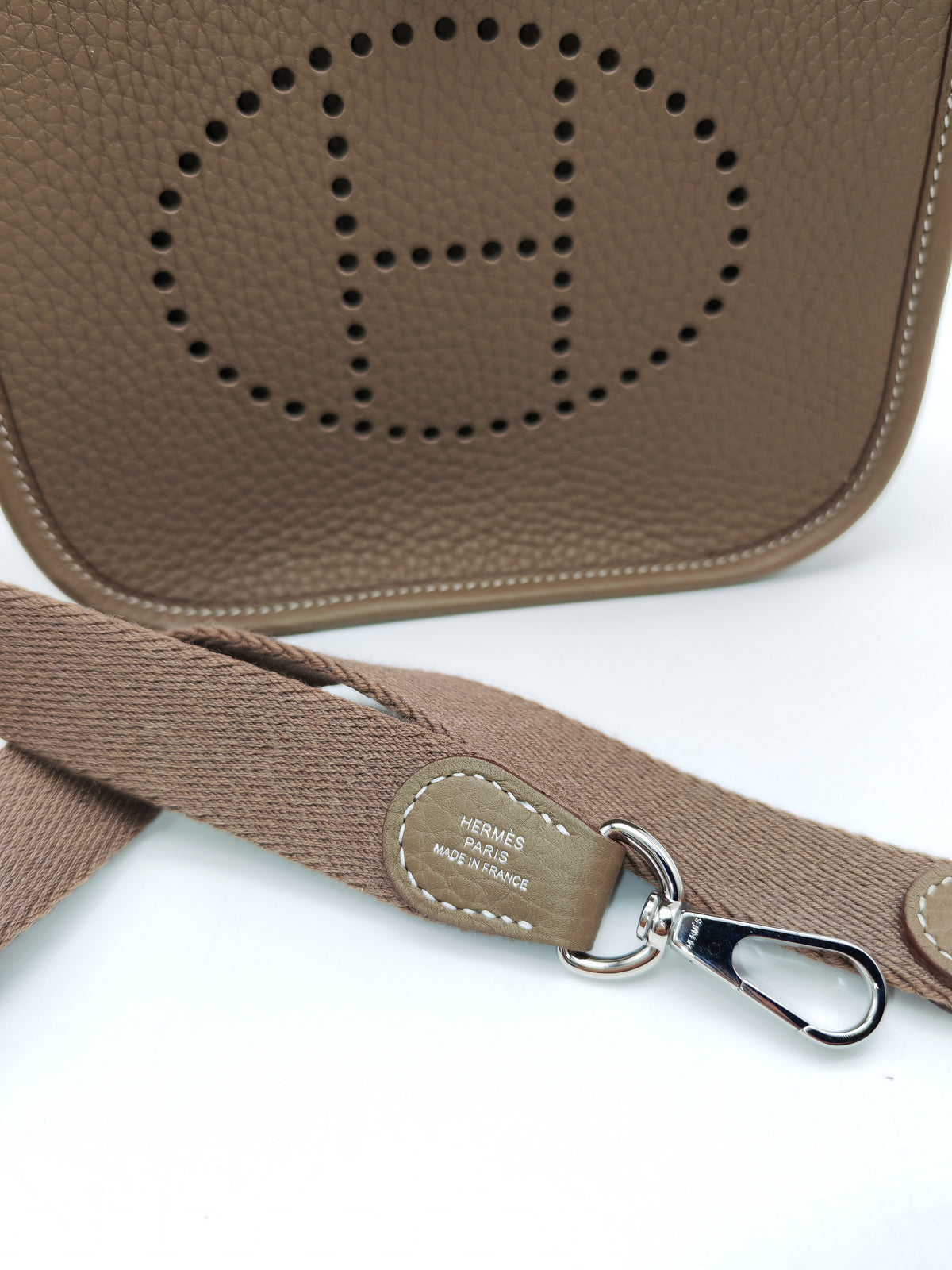 Hermes Evelyne TPM in Etoupe Taurillon Clemence Leather and Palladium Hardware Stamp G (2026)