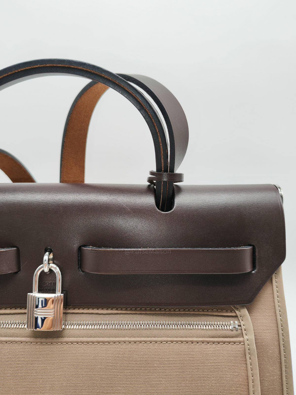 Hermes Herbag Zip 31 in Ebene Leather & Etoupe Canvas Palladium Hardware Stamp T(2015) | Purse Maison Luxury Bags Shop