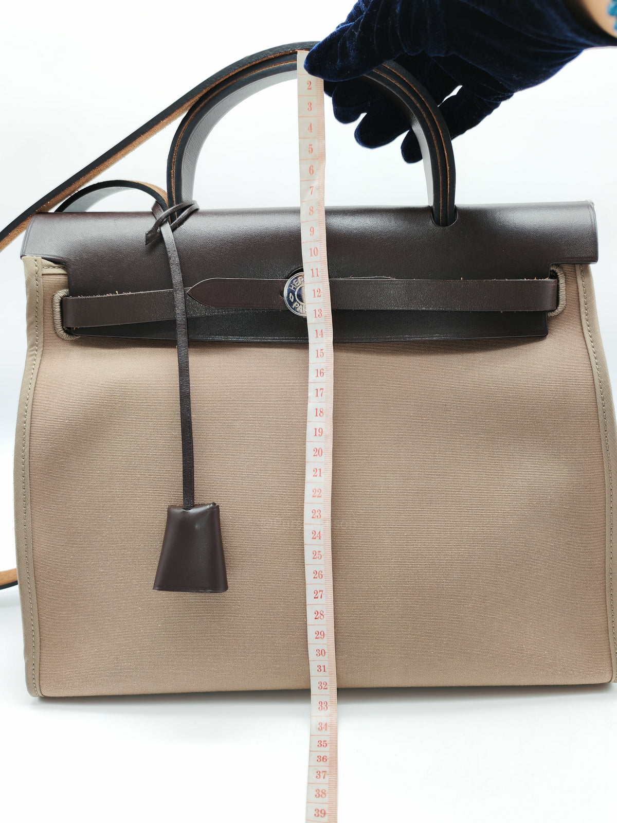 Hermes Herbag Zip 31 in Ebene Leather & Etoupe Canvas Palladium Hardware Stamp T(2015) | Purse Maison Luxury Bags Shop