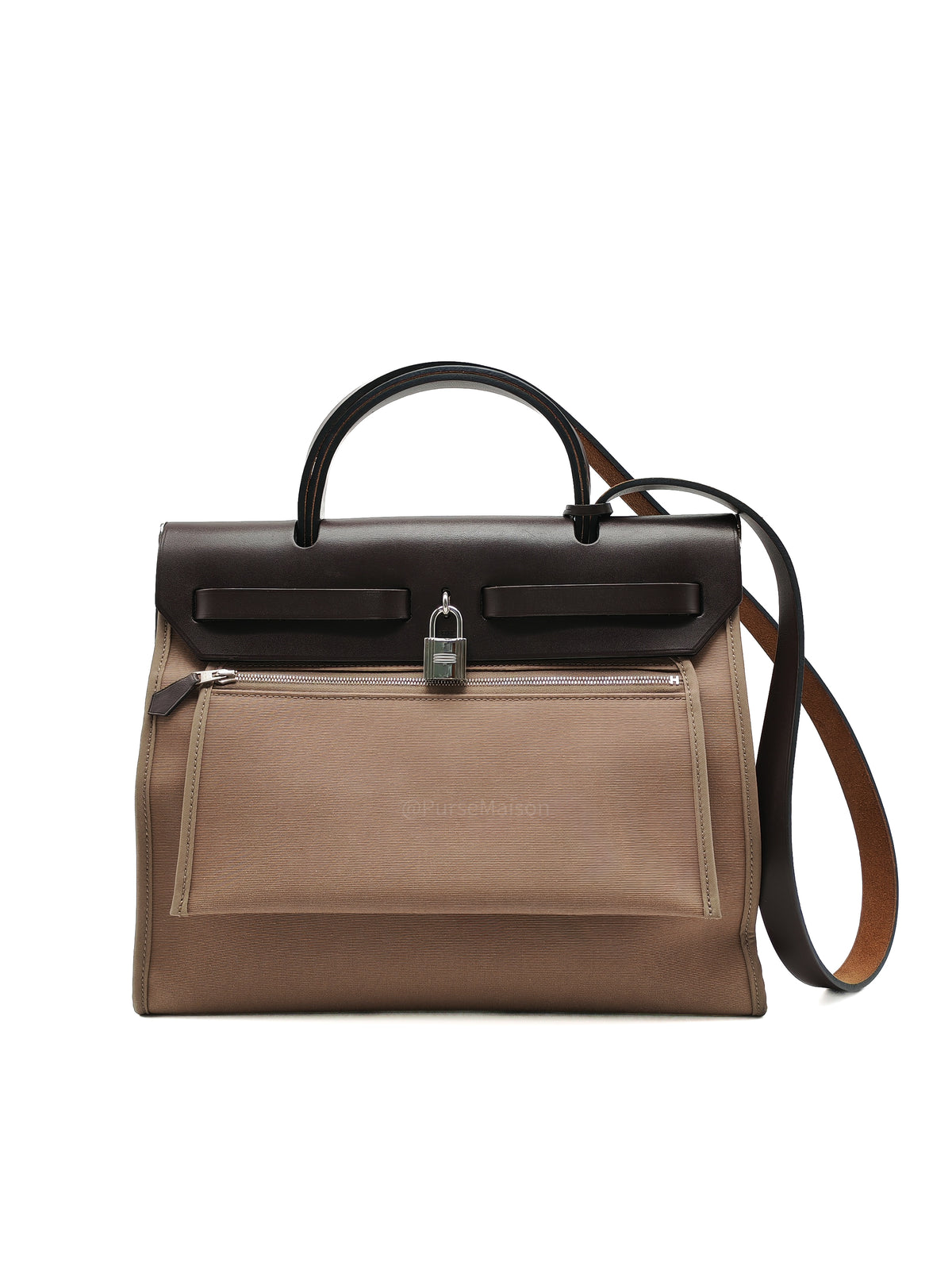 Hermes Herbag Zip 31 in Ebene Leather & Etoupe Canvas Palladium Hardware Stamp T(2015) | Purse Maison Luxury Bags Shop