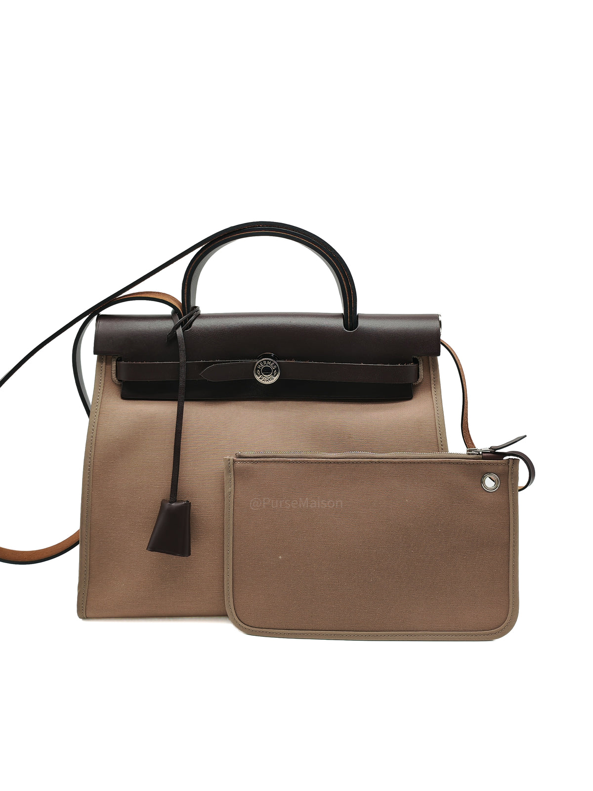 Hermes Herbag Zip 31 in Ebene Leather & Etoupe Canvas Palladium Hardware Stamp T(2015) | Purse Maison Luxury Bags Shop