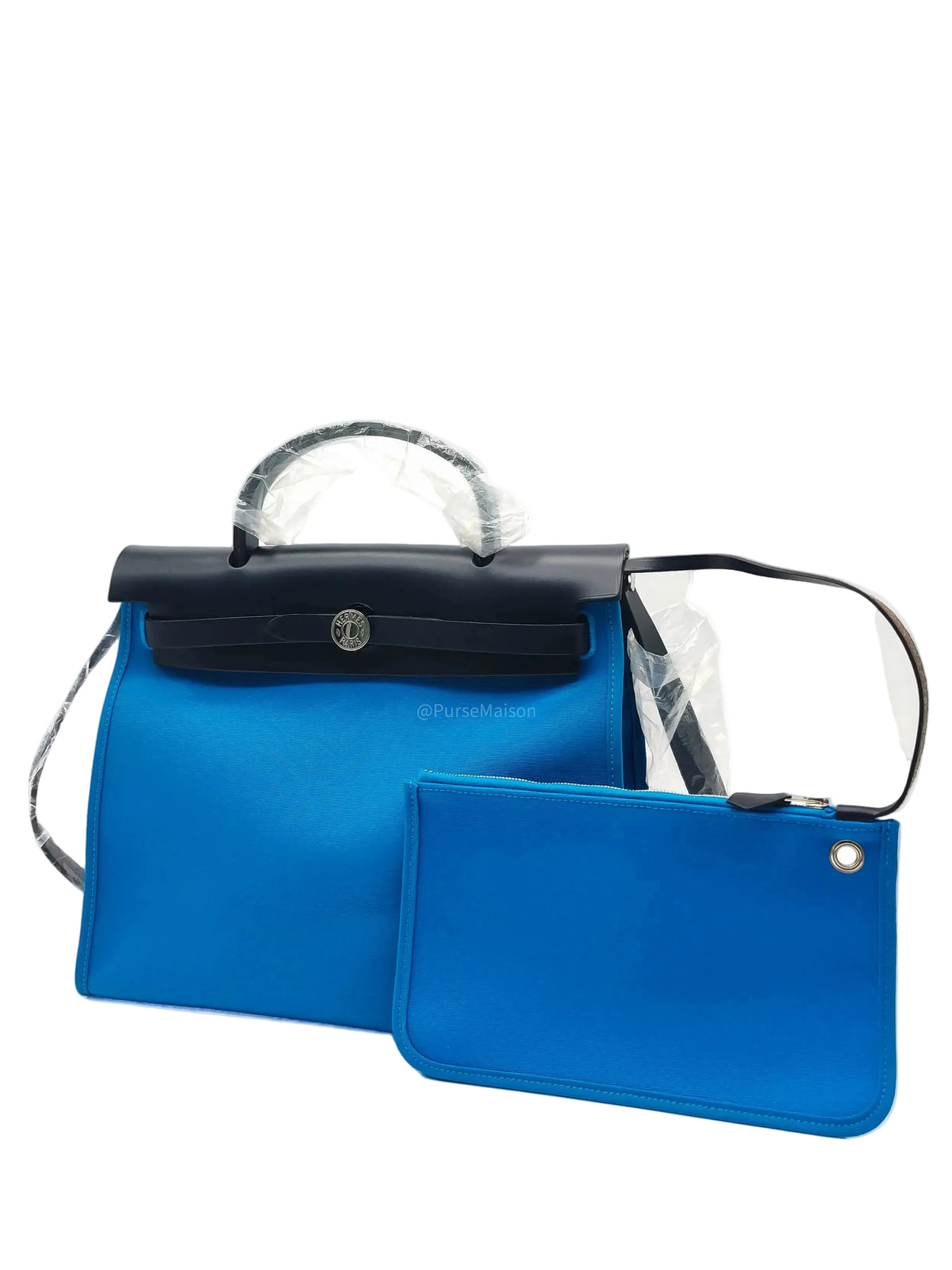 Hermes Herbag Zip 31 in Bleu Indigo Vache Hunter and Bleu Zanzibar Toile Canvas Palladium Hardware Stamp A (2017) | Purse Maison Luxury Bags Shop
