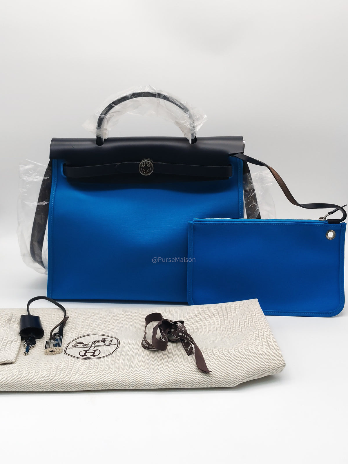 Hermes Herbag Zip 31 in Bleu Indigo Vache Hunter and Bleu Zanzibar Toile Canvas Palladium Hardware Stamp A (2017) | Purse Maison Luxury Bags Shop